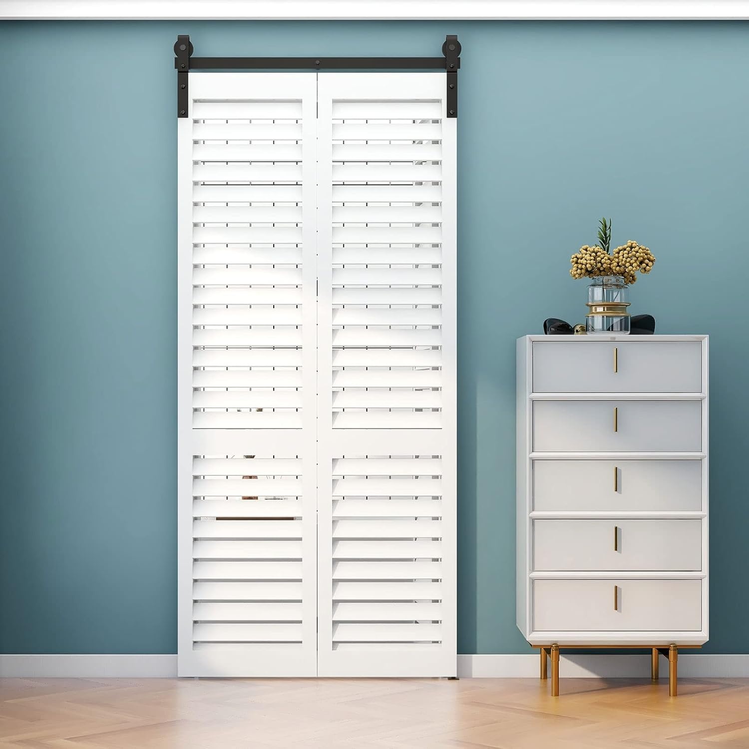 TSMST Klapdeur schuifdeursysteem, 100 cm, complete set, ruimtebesparende schuurdeur, spoorset voor 2 deuren, glad en rustig (zonder deur)