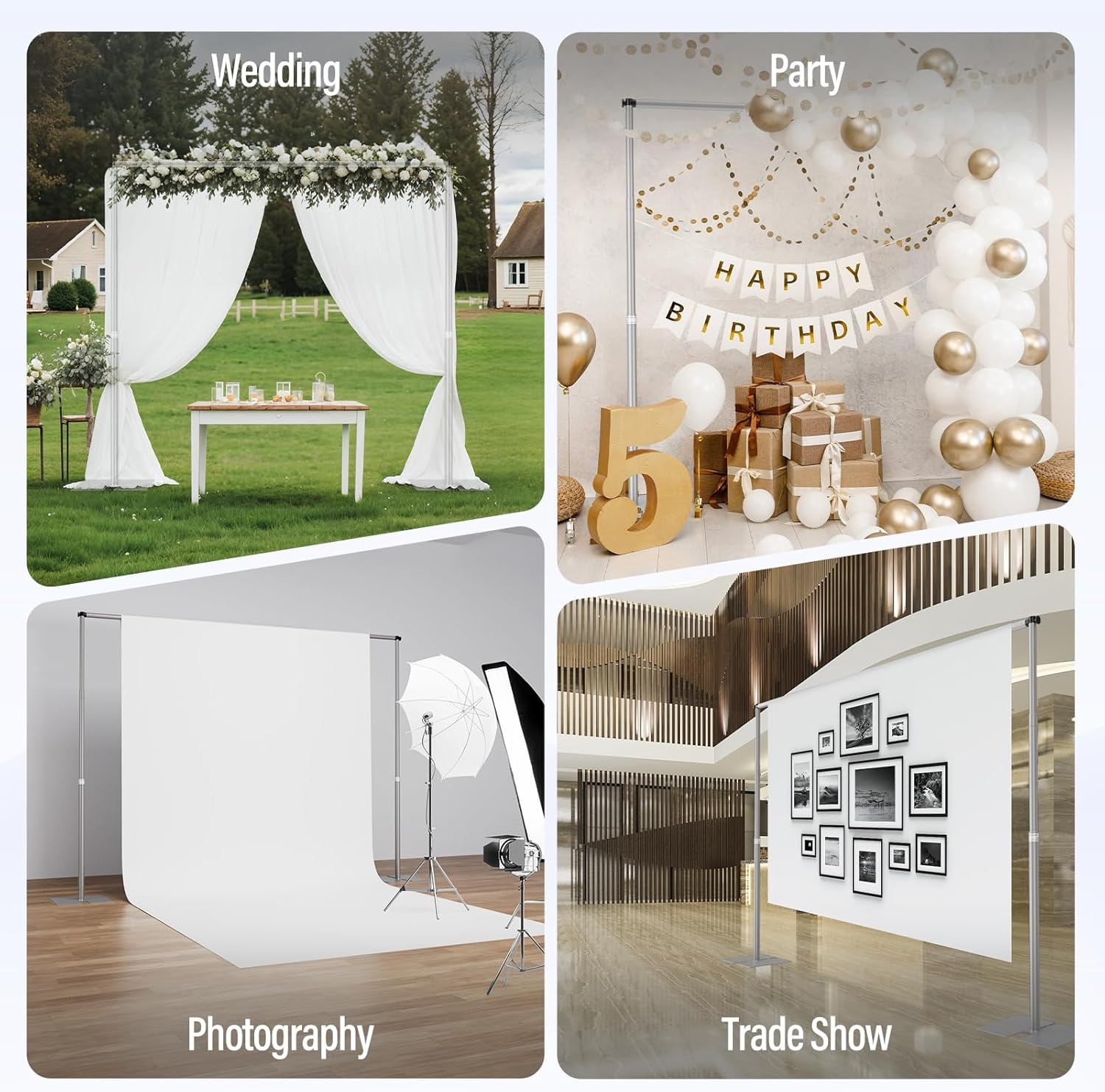 EMART Robuust achtergrondstatief, 2,5 x 3 m, verstelbaar buis- en drapeerachtergrondstatief met 4,2 kg platte metalen voet, fotoachtergrondstatief voor feestjes, bruiloften, videostudio's,