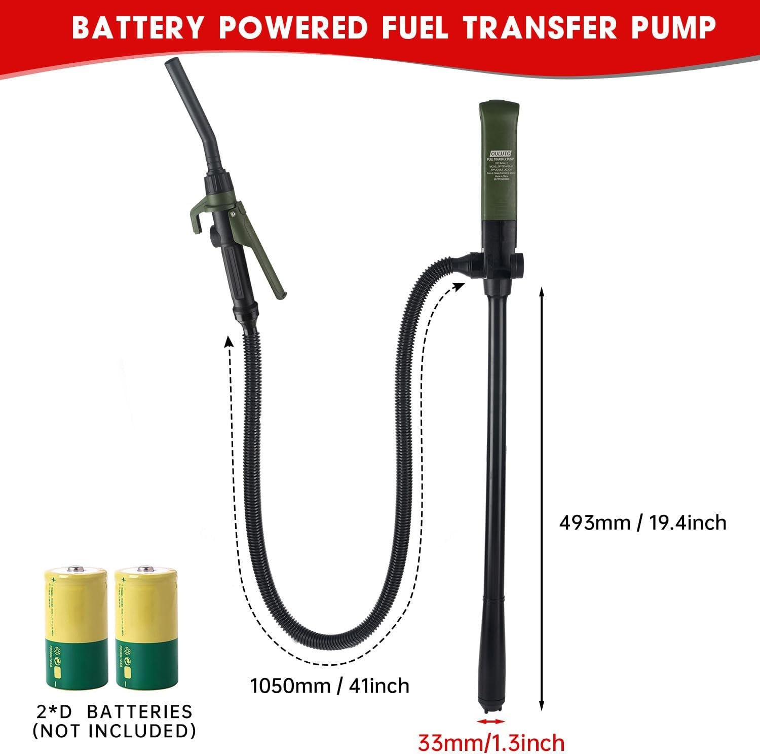 Brandstof overvulpomp elektrische jerrycan pomp vloeistoftransferpomp met slang & doorstroomcontrolemondstuk, 2,6 GPM voor benzine, diesel, kerosine