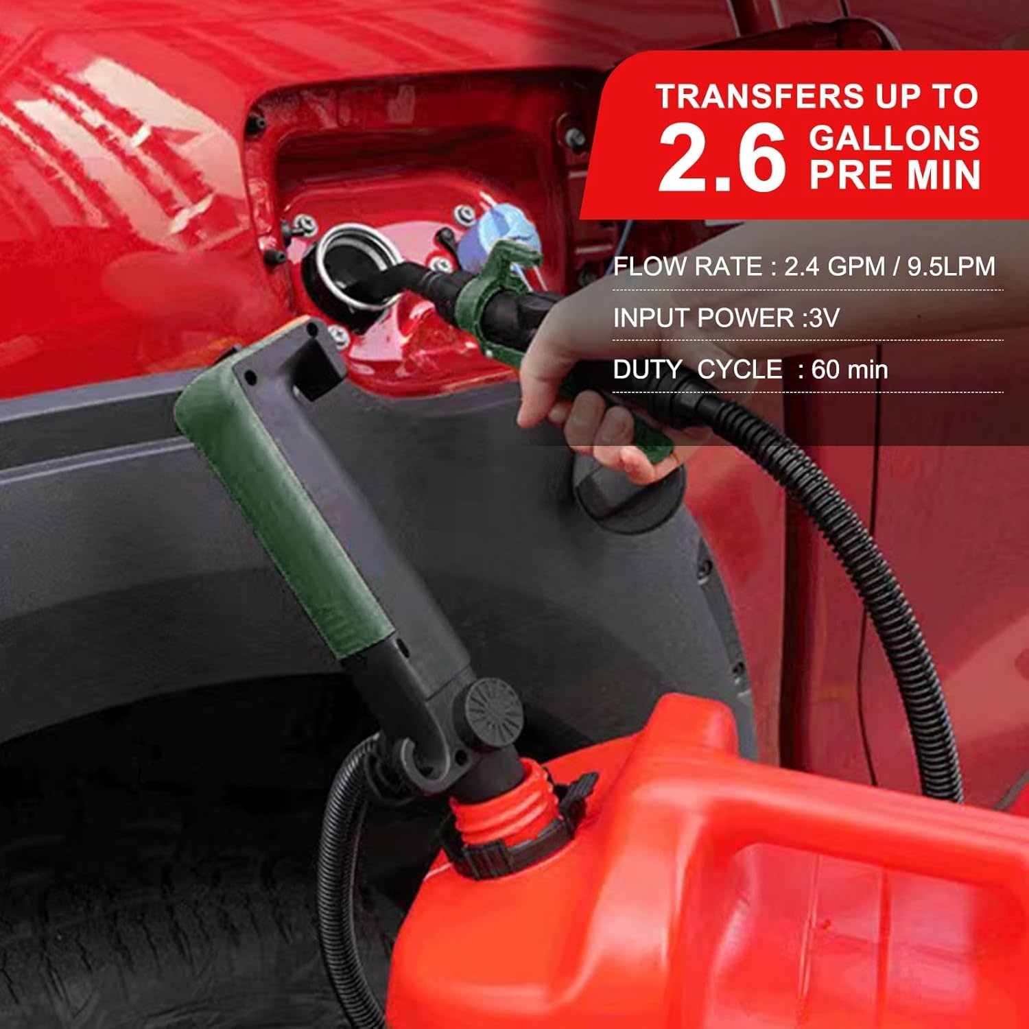 Brandstof overvulpomp elektrische jerrycan pomp vloeistoftransferpomp met slang & doorstroomcontrolemondstuk, 2,6 GPM voor benzine, diesel, kerosine