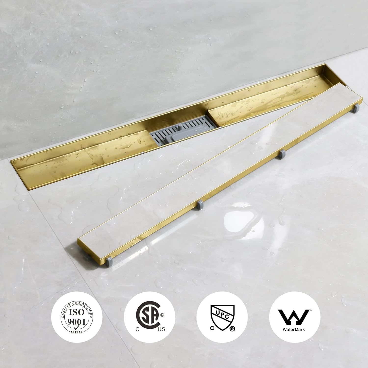 SaniteModar Doucheafvoer Gouden 90 cm, 2-in-1 Paneel Douchegoot met Sifon, Deodorant en Haarfilter, Doucheafvoer van Roestvrij Staal