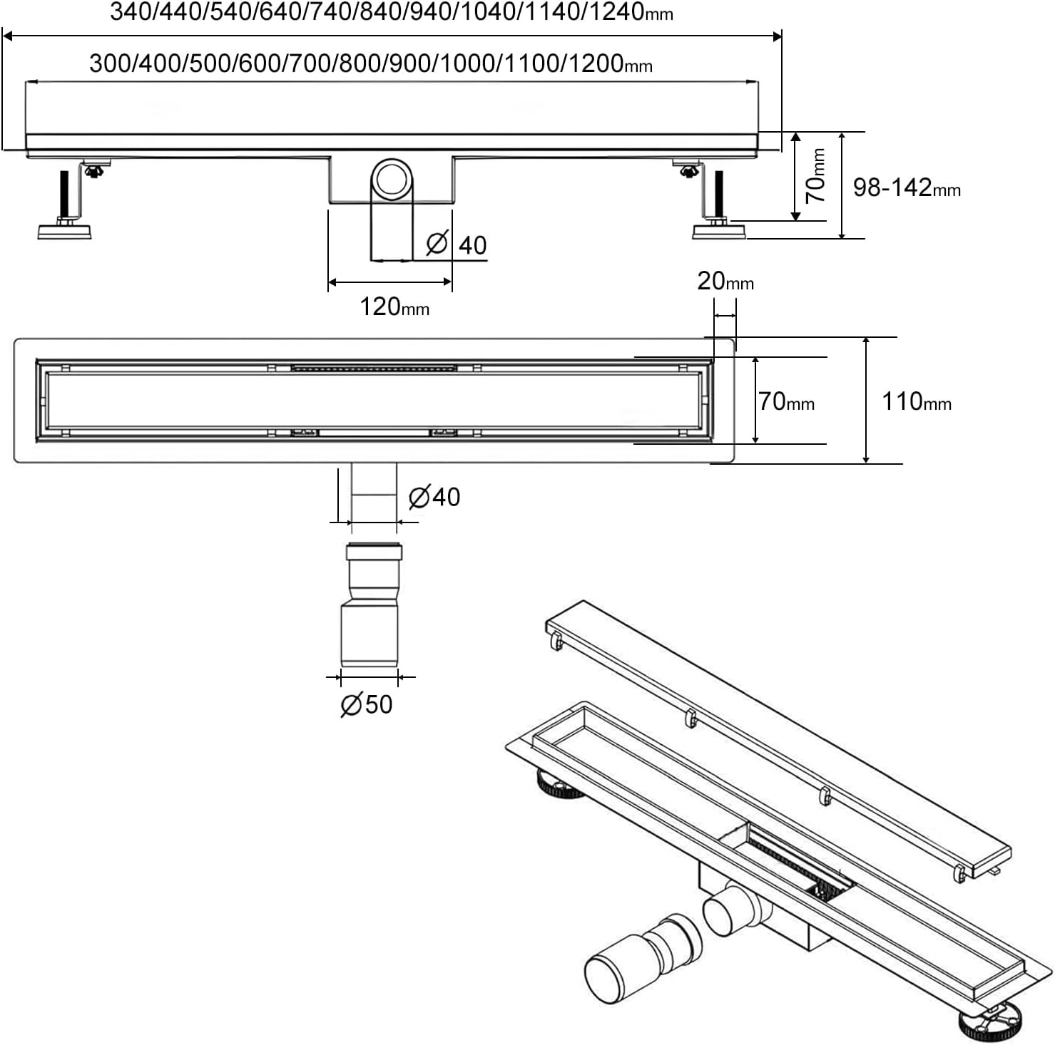 SaniteModar Doucheafvoer Gouden 90 cm, 2-in-1 Paneel Douchegoot met Sifon, Deodorant en Haarfilter, Doucheafvoer van Roestvrij Staal