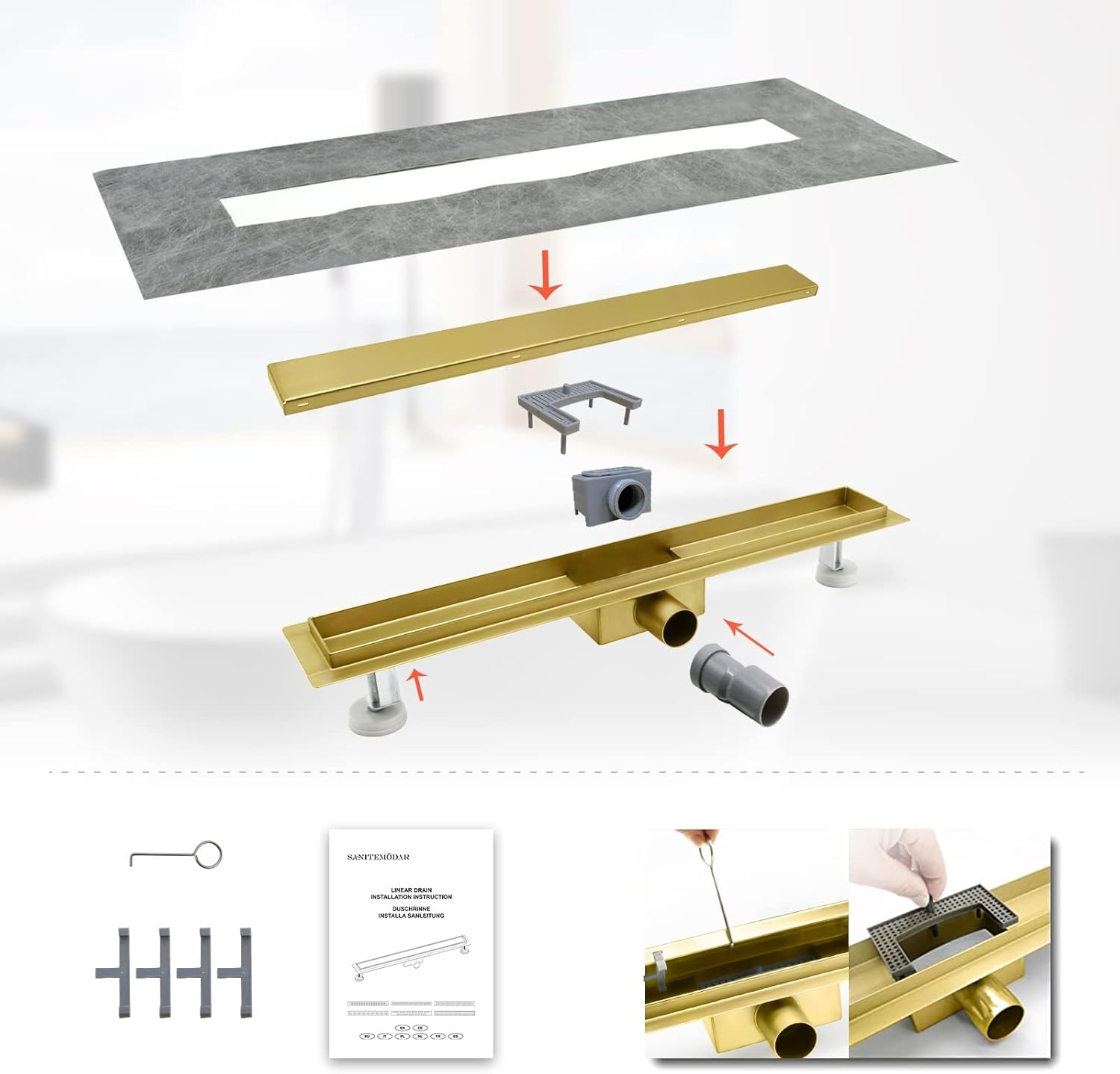 SaniteModar Doucheafvoer Gouden 90 cm, 2-in-1 Paneel Douchegoot met Sifon, Deodorant en Haarfilter, Doucheafvoer van Roestvrij Staal