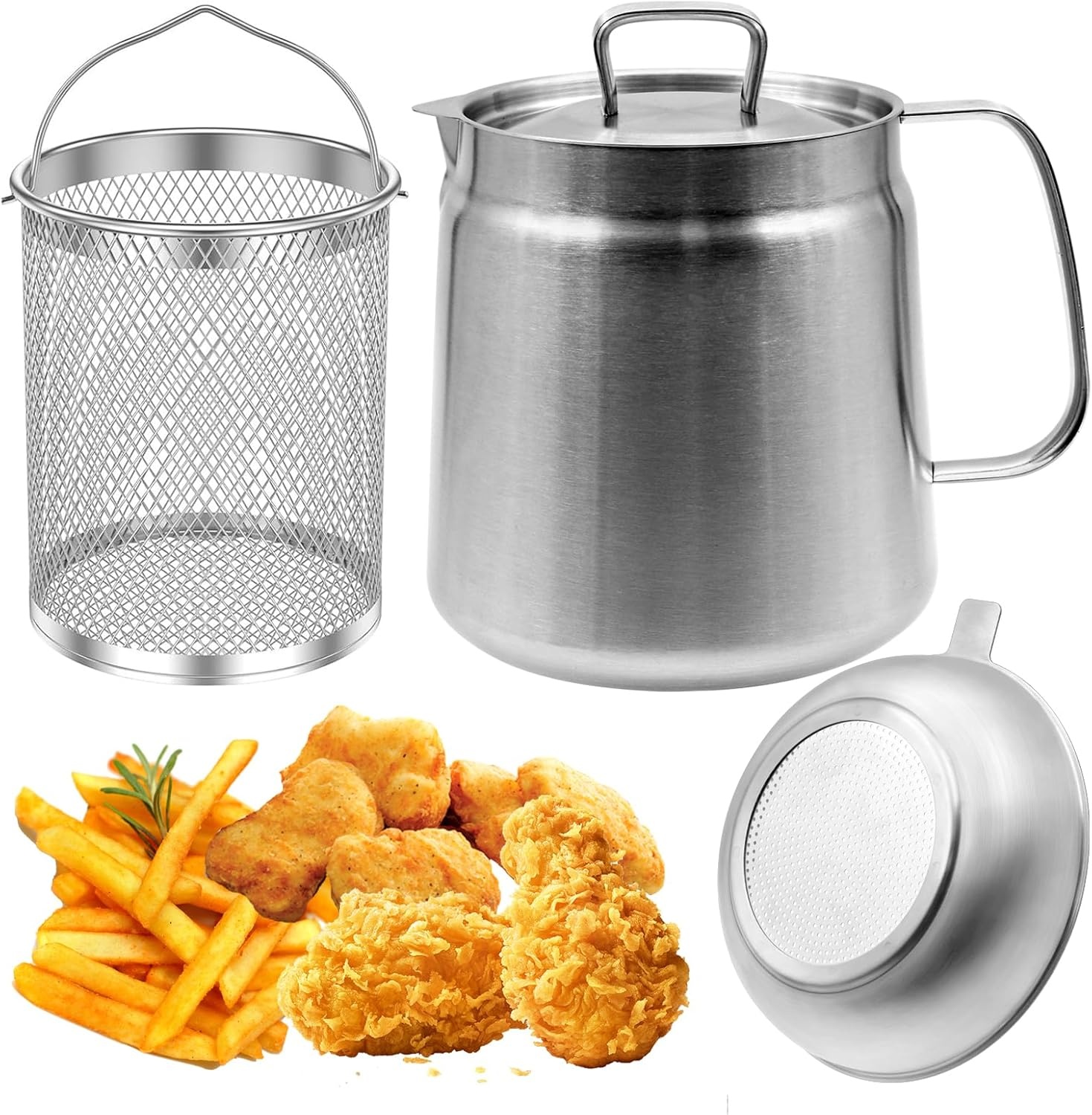 2L Strainer Pot Fryer, 304 Stainless Steel Oil Filter Pot with Strainer & Deep Fryer Basket for Kitchen, Multi-function Frying Net Tank Grease Container