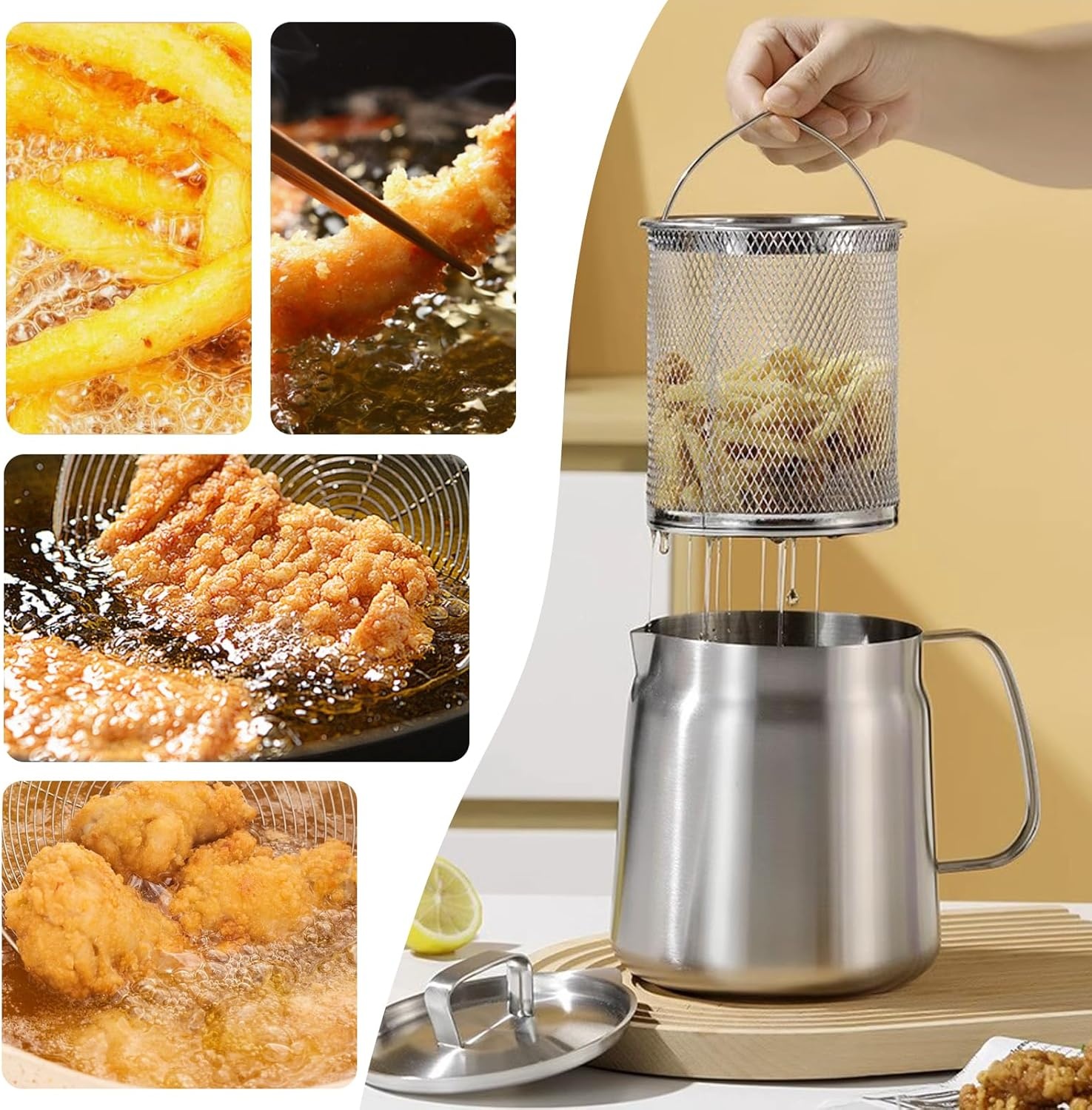 2L Strainer Pot Fryer, 304 Stainless Steel Oil Filter Pot with Strainer & Deep Fryer Basket for Kitchen, Multi-function Frying Net Tank Grease Container