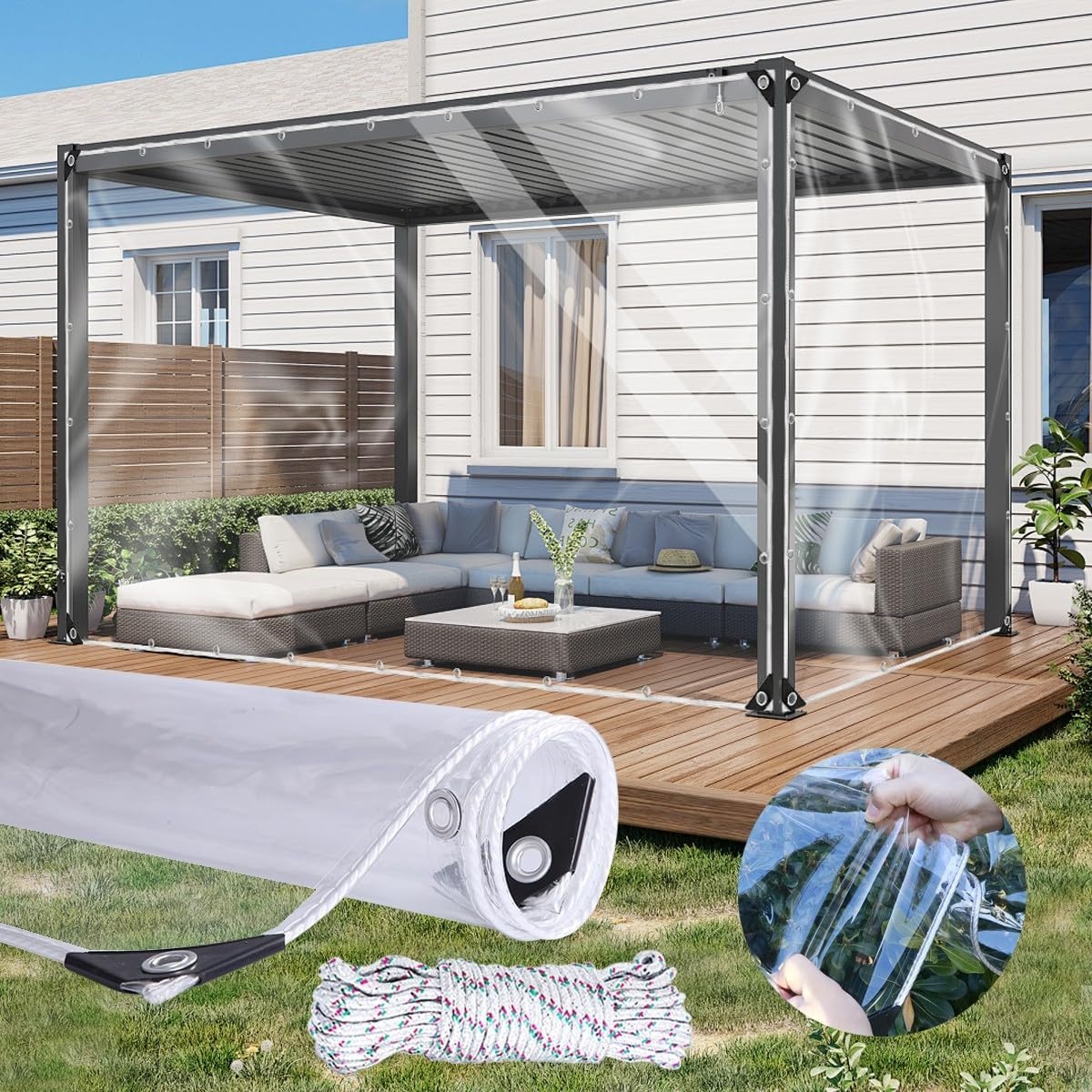 Transparant dekzeil, doorzichtig dekzeil 3×4M waterdicht zwaar belastbaar 420 g/m² doorzichtig zeil, 0,39MM doorzichtige paviljoen zijpanelen, pergola buitengordijn regenhoes scheurbestendig perspex