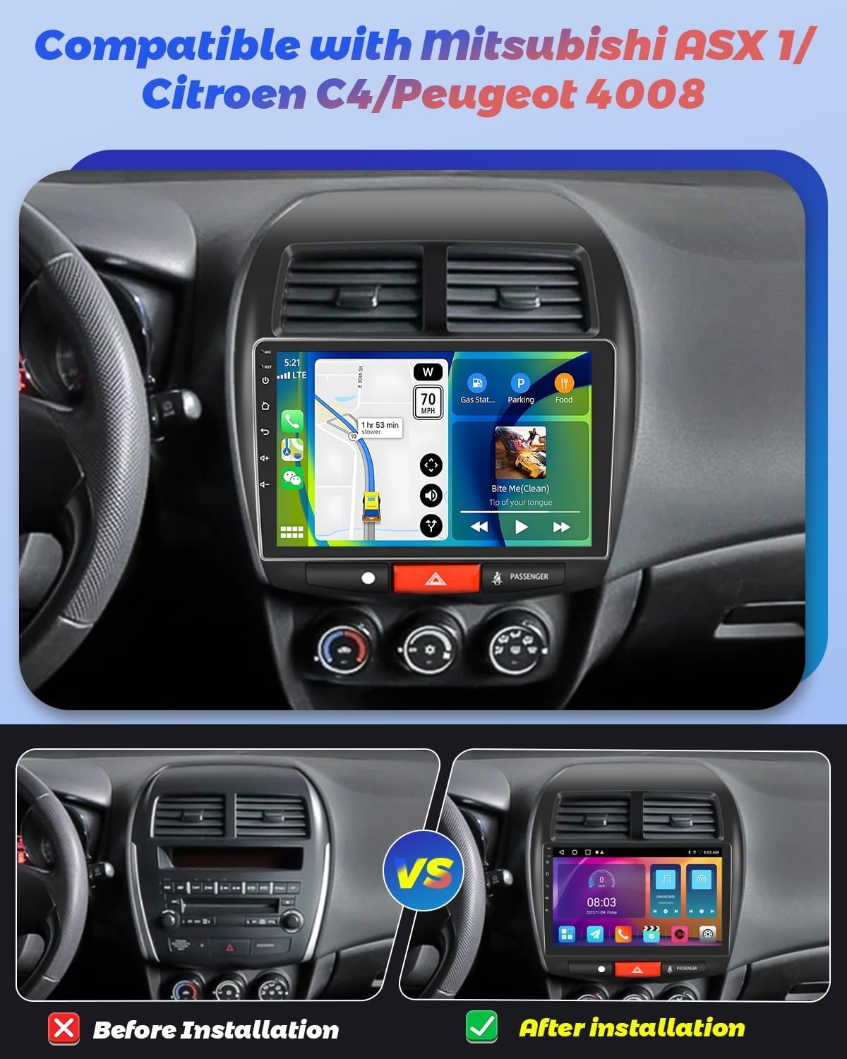 Hikity [2+64GB] Android 13 autoradio, draadloze Carplay Android auto, voor Mitsubishi ASX 1/Citroen C4/Peugeot 4008 radio, beeldscherm 10,1 inch, Bluetooth, Mirror Link, GPS WiFi FM SWC USB EQ