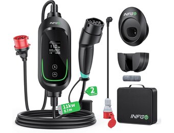 Mobiele Wallbox 11 kW [3-fasig, 8,1 m, 6-16 A], EV oplader met instelbaar laadvermogen en timerfunctie, type 2 oplaadkabel CEE-stekker voor model Y/3, ID.3, i4, EQB, e-tron enz., zwart