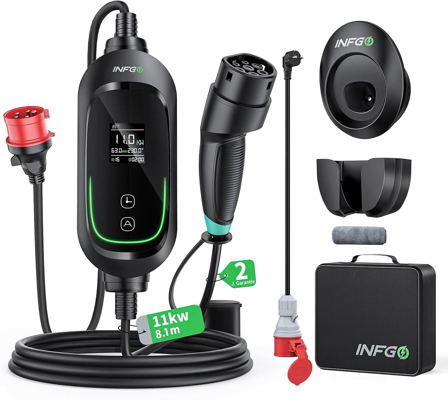 Mobiele Wallbox 11 kW [3-fasig, 8,1 m, 6-16 A], EV oplader met instelbaar laadvermogen en timerfunctie, type 2 oplaadkabel CEE-stekker voor model Y/3, ID.3, i4, EQB, e-tron enz., zwart