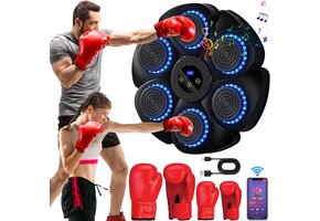 Music Boxing Machine, Electronic LED Boxing Machine, 9 Functions and 18 Speeds and Counting Mode, Bluetooth Wall Mounted Boxing Goal with Boxing Gloves for Adults and Children
