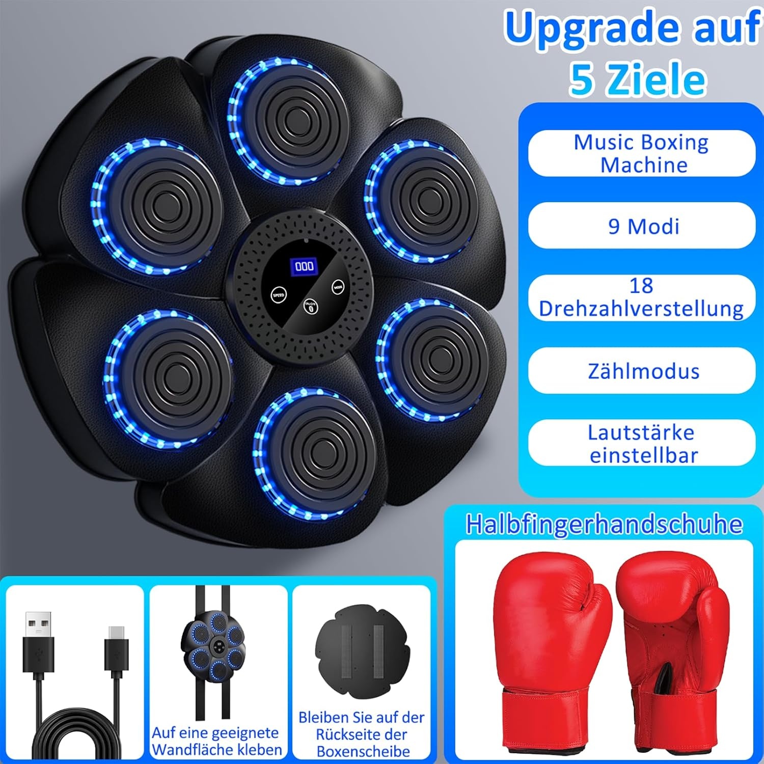 Music Boxing Machine, Electronic LED Boxing Machine, 9 Functions and 18 Speeds and Counting Mode, Bluetooth Wall Mounted Boxing Goal with Boxing Gloves for Adults and Children