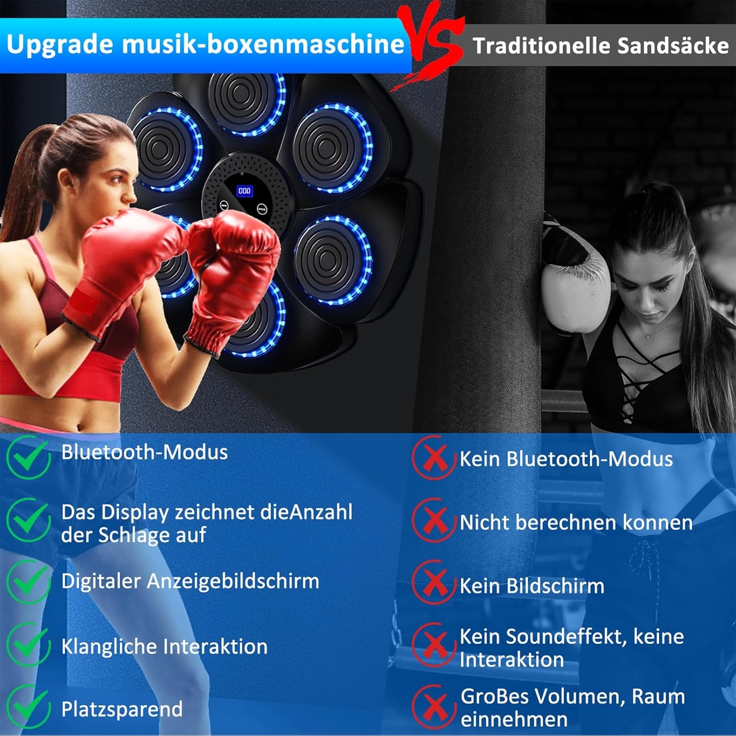 Music Boxing Machine, Electronic LED Boxing Machine, 9 Functions and 18 Speeds and Counting Mode, Bluetooth Wall Mounted Boxing Goal with Boxing Gloves for Adults and Children