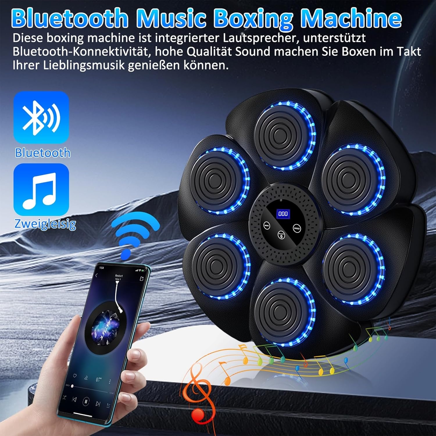 Music Boxing Machine, Electronic LED Boxing Machine, 9 Functions and 18 Speeds and Counting Mode, Bluetooth Wall Mounted Boxing Goal with Boxing Gloves for Adults and Children