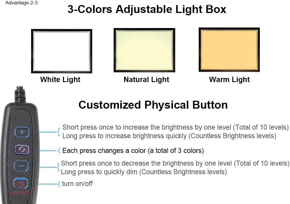 WELZK 10000+ LUX High Bright Light Pad A2, 3 kleuren licht bord met UL-adapter. 10 niveaus/traploos dimmen voor diamant schilderen, traceren, tekenen, schetsen enz