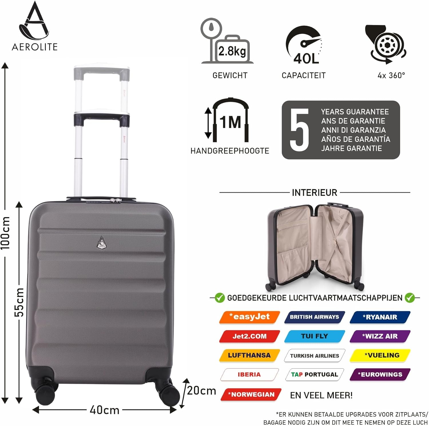 Aerolite 55x40x20cm Ryanair Priority Max 40L Lichtgewicht Harde Schalen Handbagage Koffer 55x40x20 met 4 Wielen & TSA Slot - Ook Goedgekeurd voor easyJet British Airways Jet2 & Veel Meer