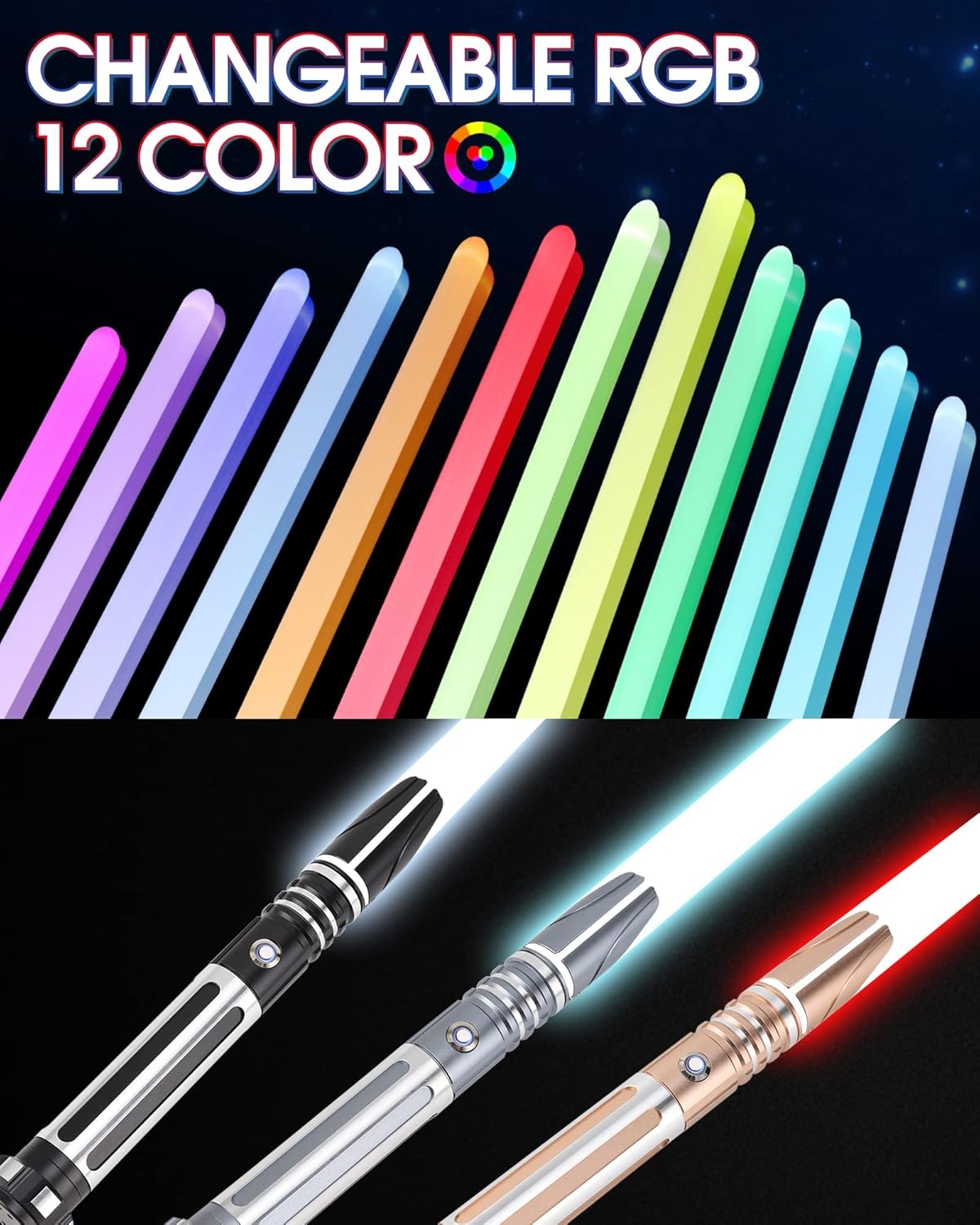Dueling Lightsaber, Motion Control Lightsaber for Adults, Smooth Swing Lightsaber with 10 Tone Fonts, RGB 12 Colours Changeable, Metal Handle, for Halloween Cosplay Party, S9