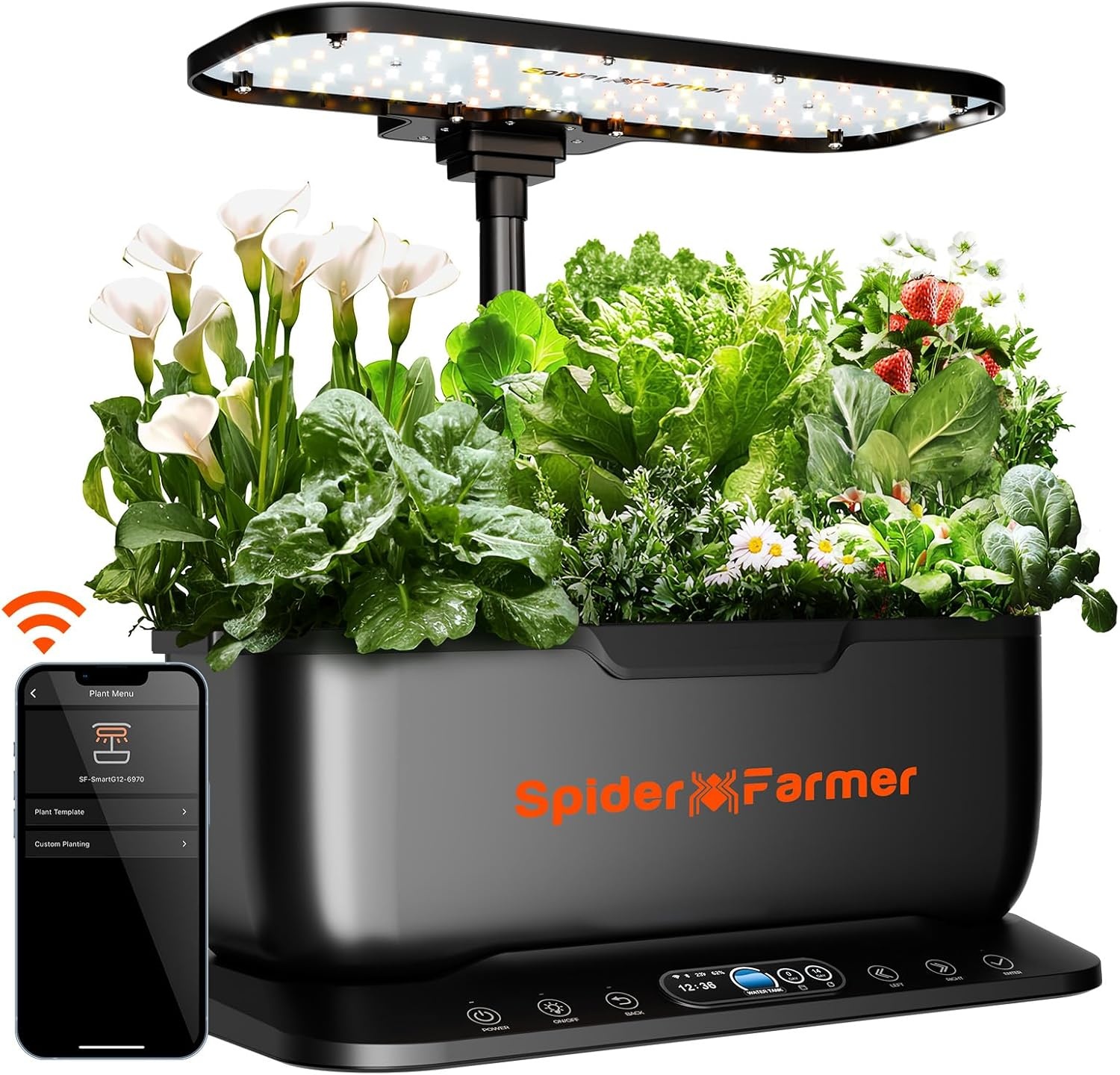Spider Farmer SmartG12 Hydroponic Grow System, 12 Pods for Indoor and Outdoor Garden with 36W LED Plant Lamp, Full Spectrum, App and WiFi Controlled, 6 Litre Water Tank Pump System, Automatic