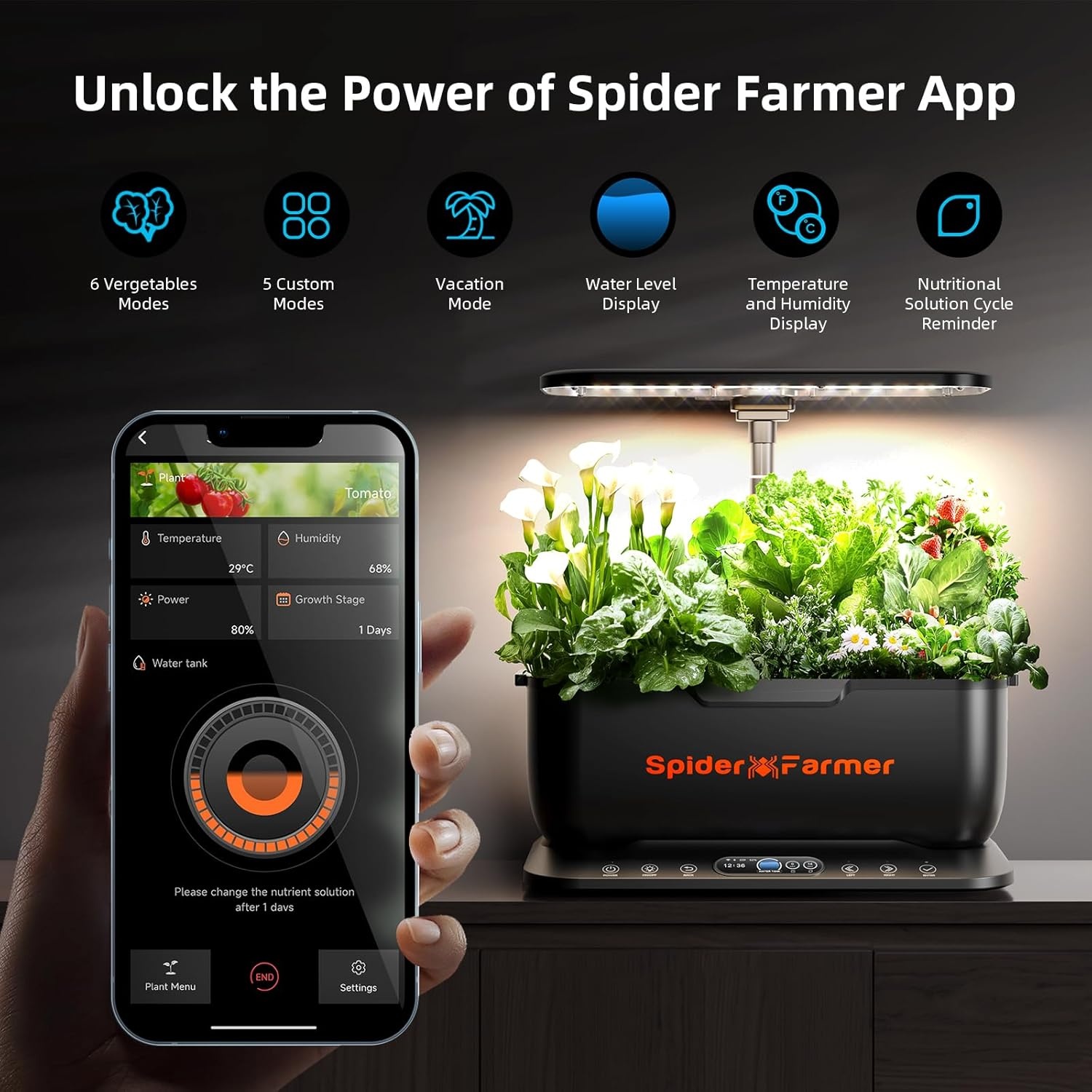 Spider Farmer SmartG12 Hydroponic Grow System, 12 Pods for Indoor and Outdoor Garden with 36W LED Plant Lamp, Full Spectrum, App and WiFi Controlled, 6 Litre Water Tank Pump System, Automatic