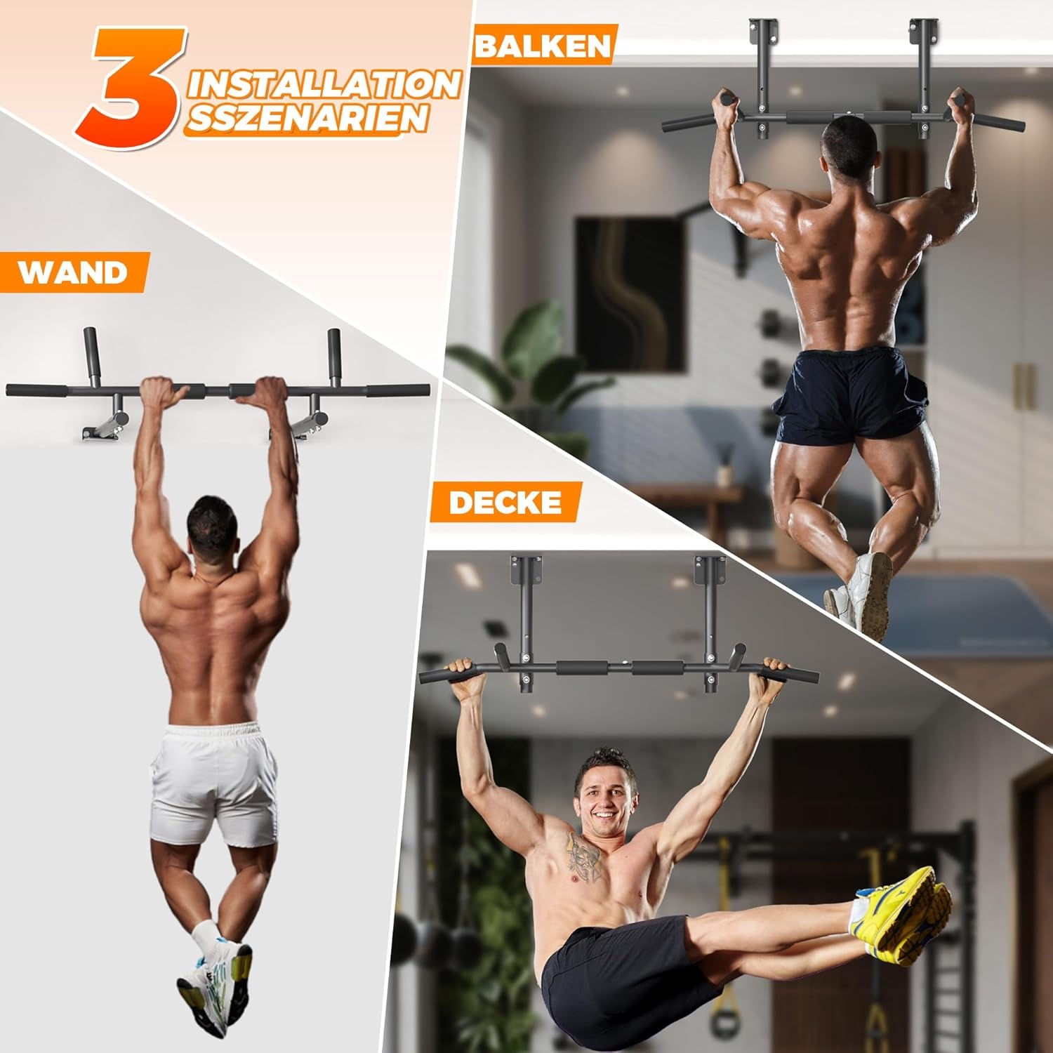 ONETWOFIT Optrekstang, wandmontage, balkmontage, plafondmontage 3-in-1, heavy duty, voor indoor home gym workout (max. 200 kg)