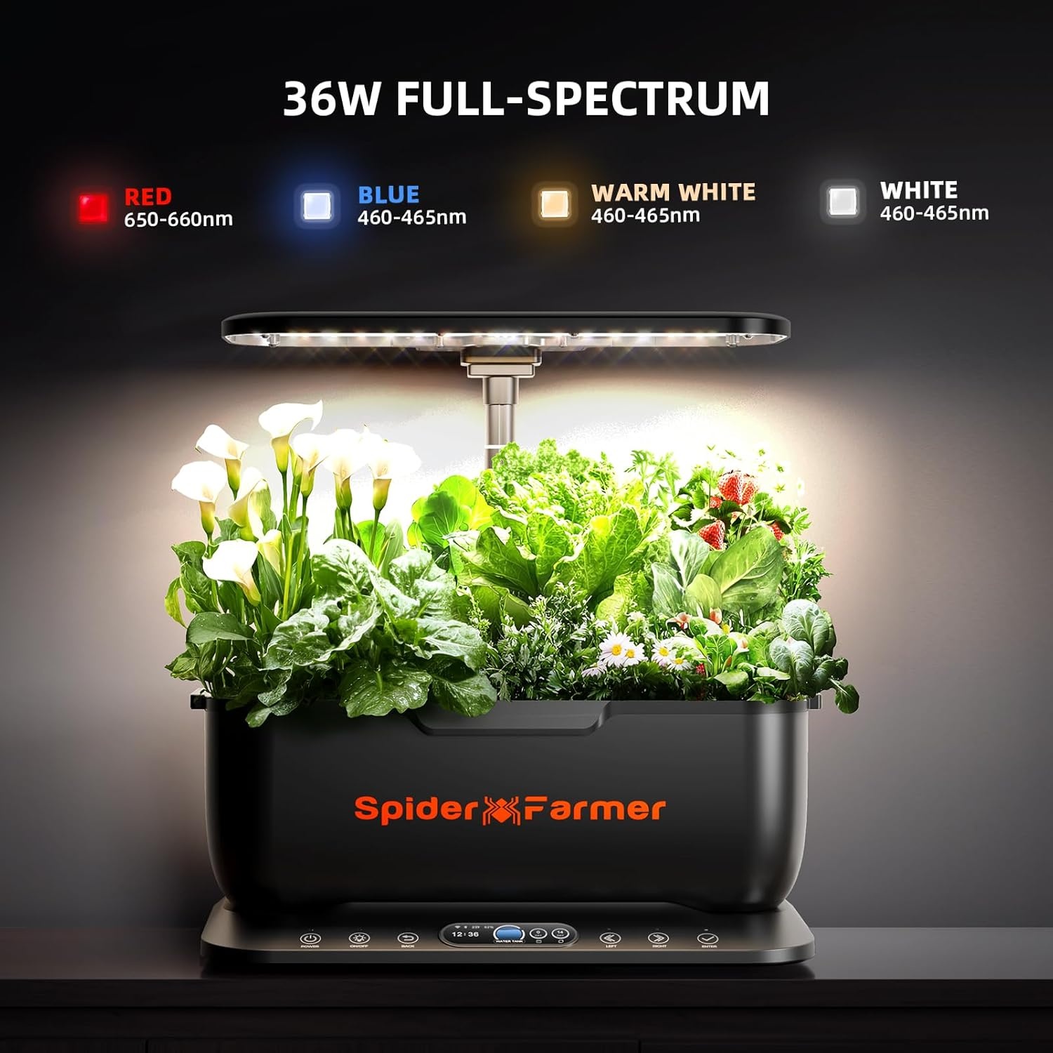 Spider Farmer SmartG12 Hydroponic Grow System, 12 Pods for Indoor and Outdoor Garden with 36W LED Plant Lamp, Full Spectrum, App and WiFi Controlled, 6 Litre Water Tank Pump System, Automatic
