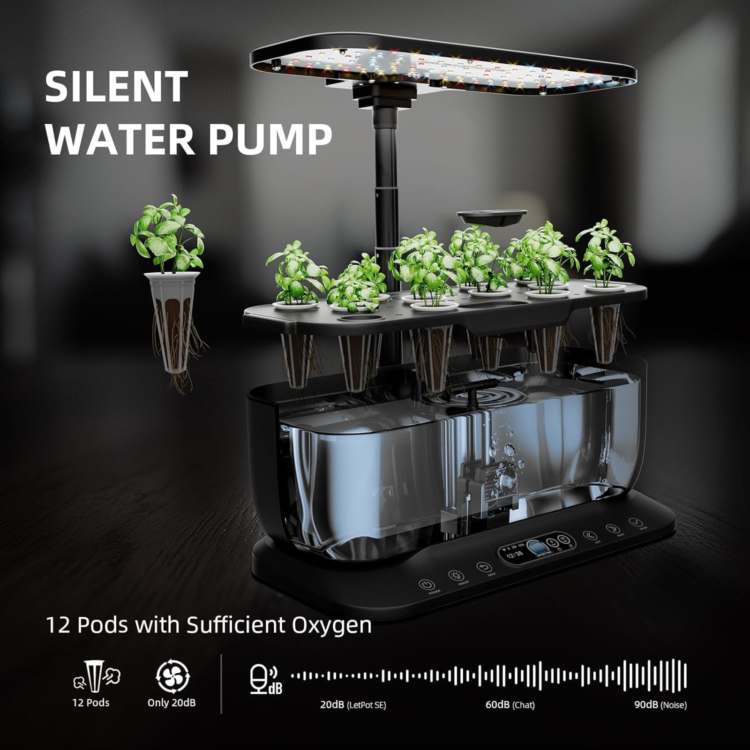 Spider Farmer SmartG12 Hydroponic Grow System, 12 Pods for Indoor and Outdoor Garden with 36W LED Plant Lamp, Full Spectrum, App and WiFi Controlled, 6 Litre Water Tank Pump System, Automatic