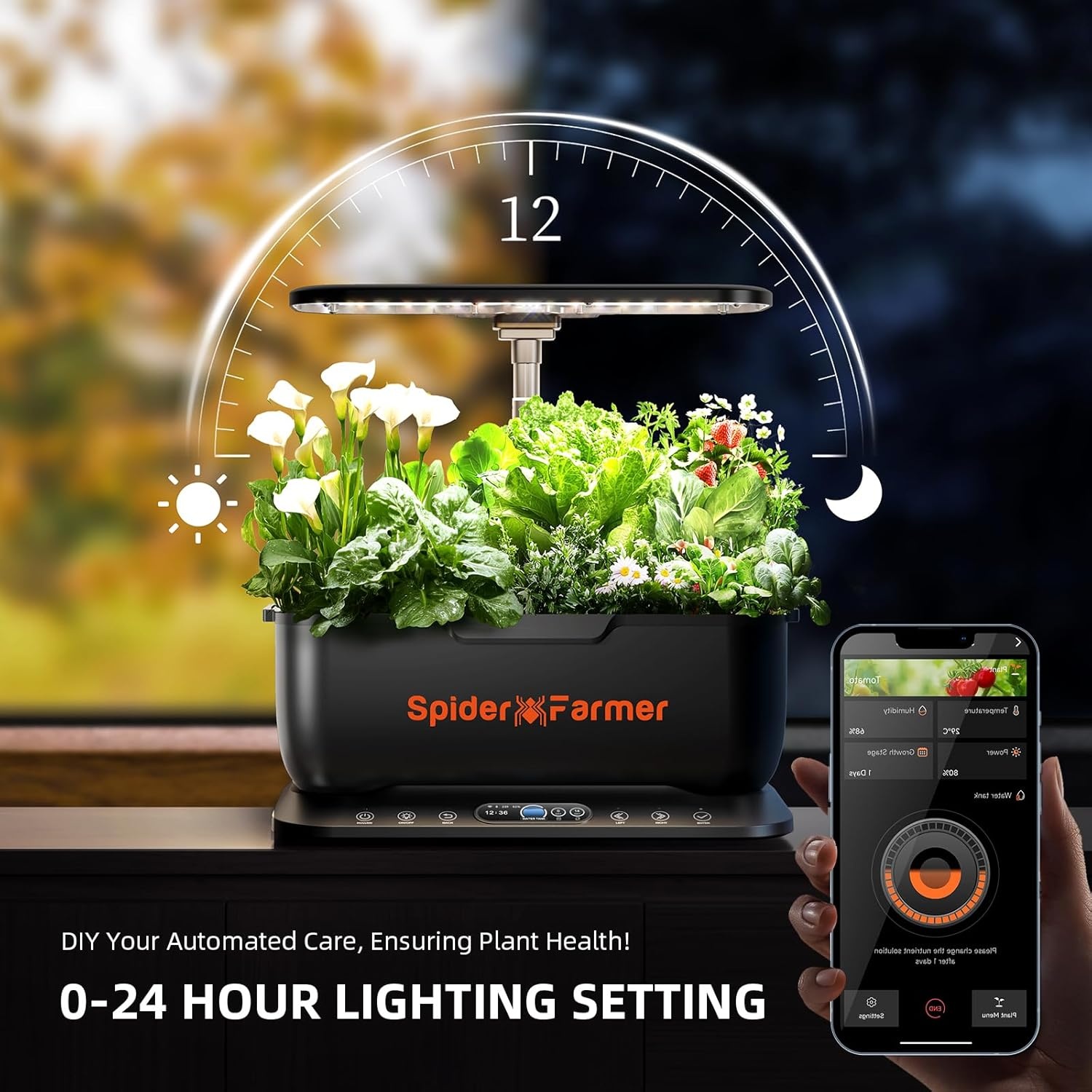 Spider Farmer SmartG12 Hydroponic Grow System, 12 Pods for Indoor and Outdoor Garden with 36W LED Plant Lamp, Full Spectrum, App and WiFi Controlled, 6 Litre Water Tank Pump System, Automatic