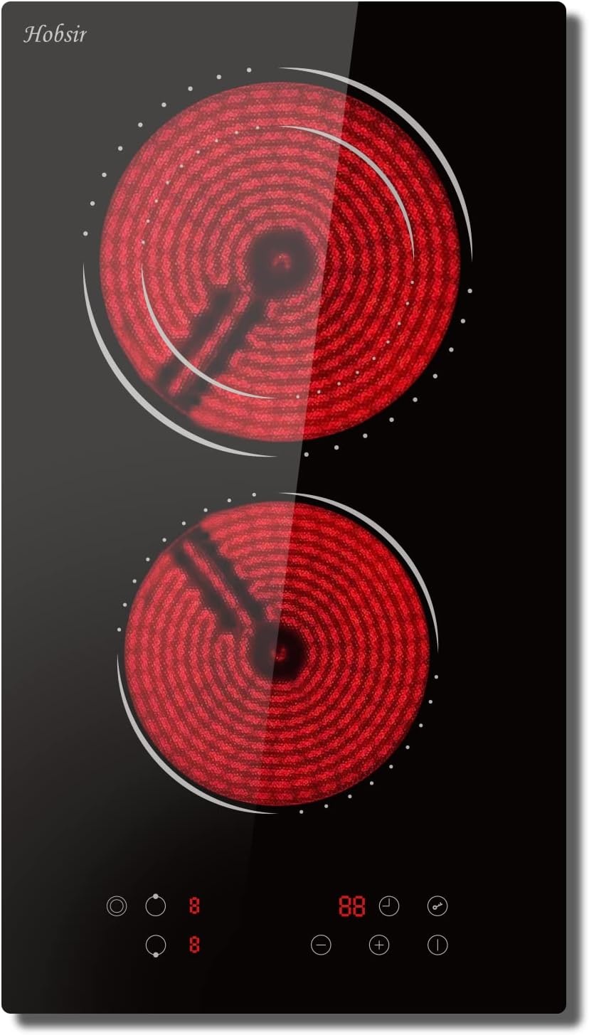Glaskeramische kookplaat 2-zones, Hobsir inbouwkookplaat 30cm, 3200W, Touch control, Dubbele zone, 9-traps verwarming, Veiligheidsslot, Timer, Vast bedraad, Geen stekker