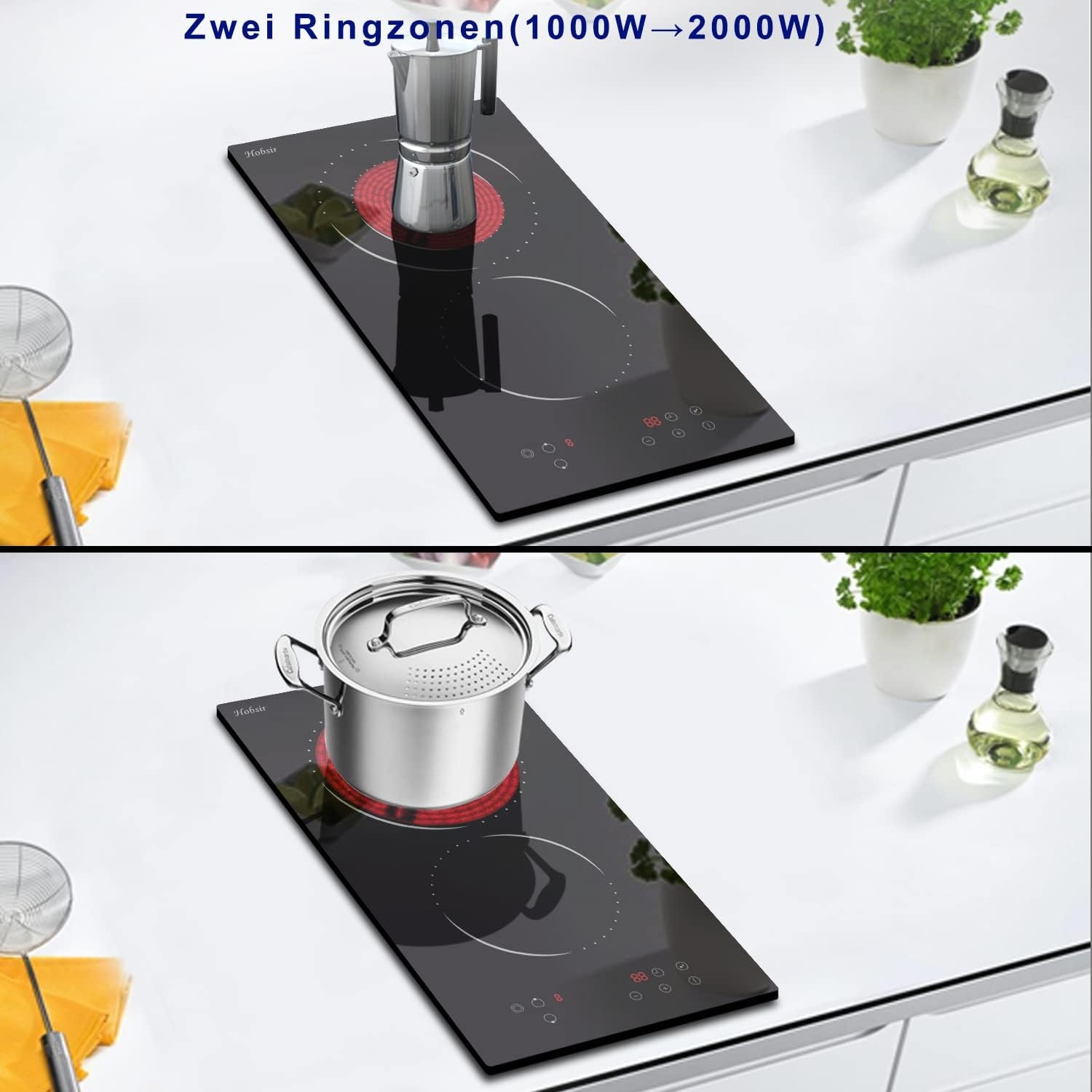 Glaskeramische kookplaat 2-zones, Hobsir inbouwkookplaat 30cm, 3200W, Touch control, Dubbele zone, 9-traps verwarming, Veiligheidsslot, Timer, Vast bedraad, Geen stekker