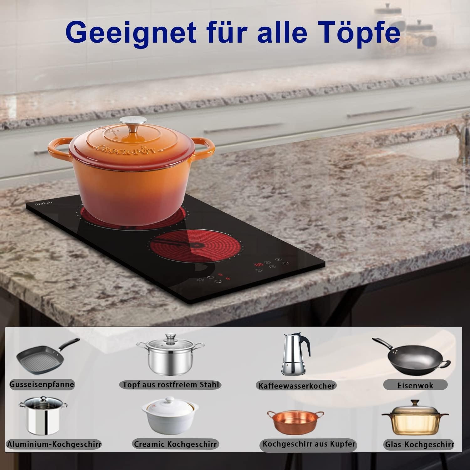 Glaskeramische kookplaat 2-zones, Hobsir inbouwkookplaat 30cm, 3200W, Touch control, Dubbele zone, 9-traps verwarming, Veiligheidsslot, Timer, Vast bedraad, Geen stekker