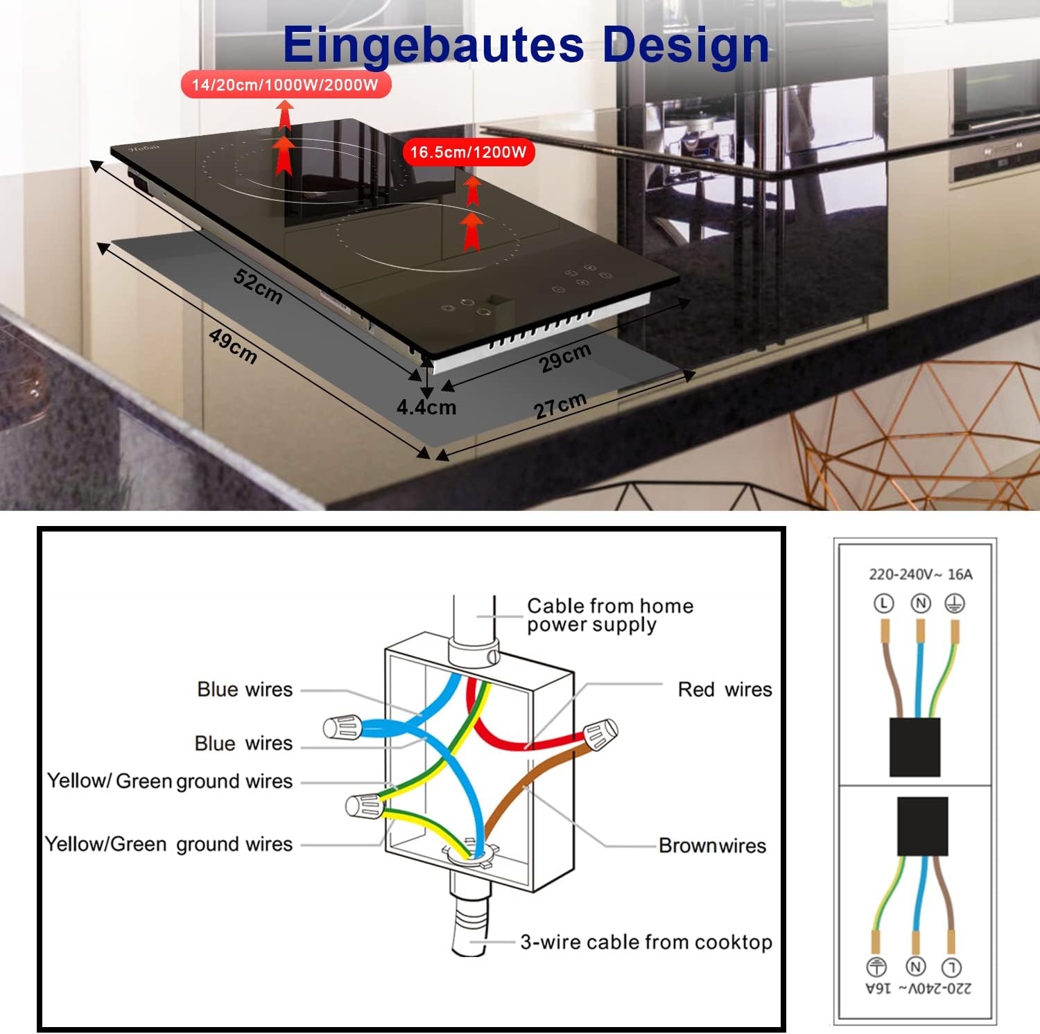 Glaskeramische kookplaat 2-zones, Hobsir inbouwkookplaat 30cm, 3200W, Touch control, Dubbele zone, 9-traps verwarming, Veiligheidsslot, Timer, Vast bedraad, Geen stekker