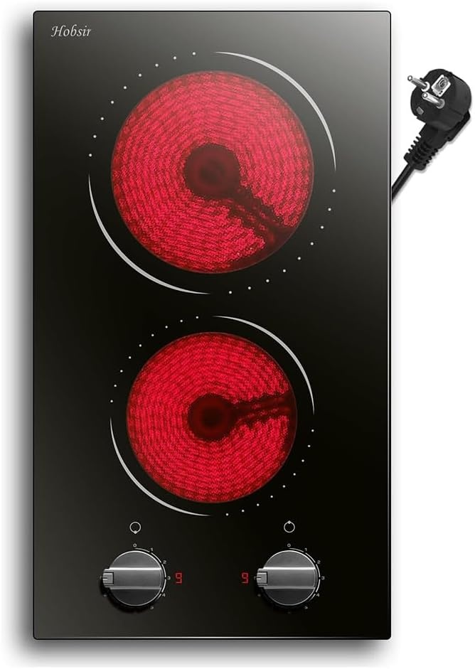 Glaskeramische kookplaat 2-zones, Hobsir inbouwkookplaat 30cm, 3200W, Touch control, Dubbele zone, 9-traps verwarming, Veiligheidsslot, Timer, Vast bedraad, Geen stekker