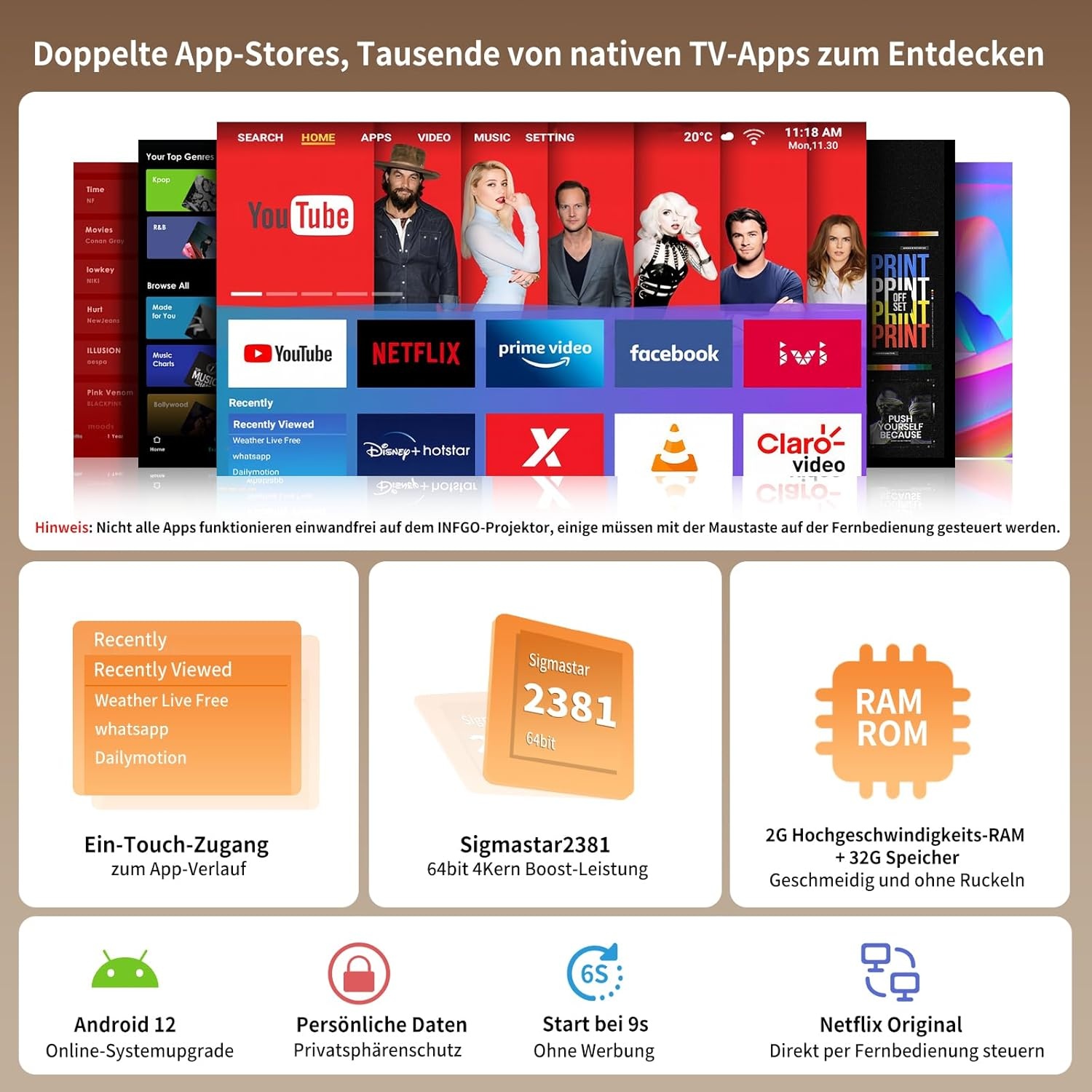 Beamer, thuisbioscoop-beamer, 4K, ondersteunt 28000 lumen, 1080p, Full HD, wifi6, Bluetooth 5.4, voor mobiele telefoon, laptop, zwart