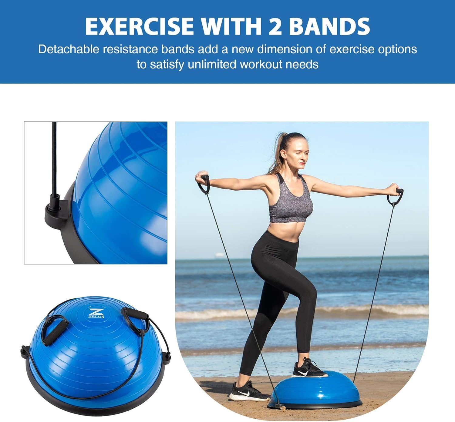 ZELUS Balance ball trainer antislip, Balance ball, Halfrond balance board met weerstandsbanden oefenbal voor yoga fitness, Krachttraining, Core Training, Balanstraining