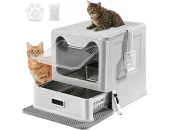 Kattentoilet, roestvrijstalen kattenbak met deksel en uittrekbaar dienblad, hop in kattenbak XXL met kattenbakmat en schep voor katten tot 15 kg, eenvoudige reiniging, lekvrij