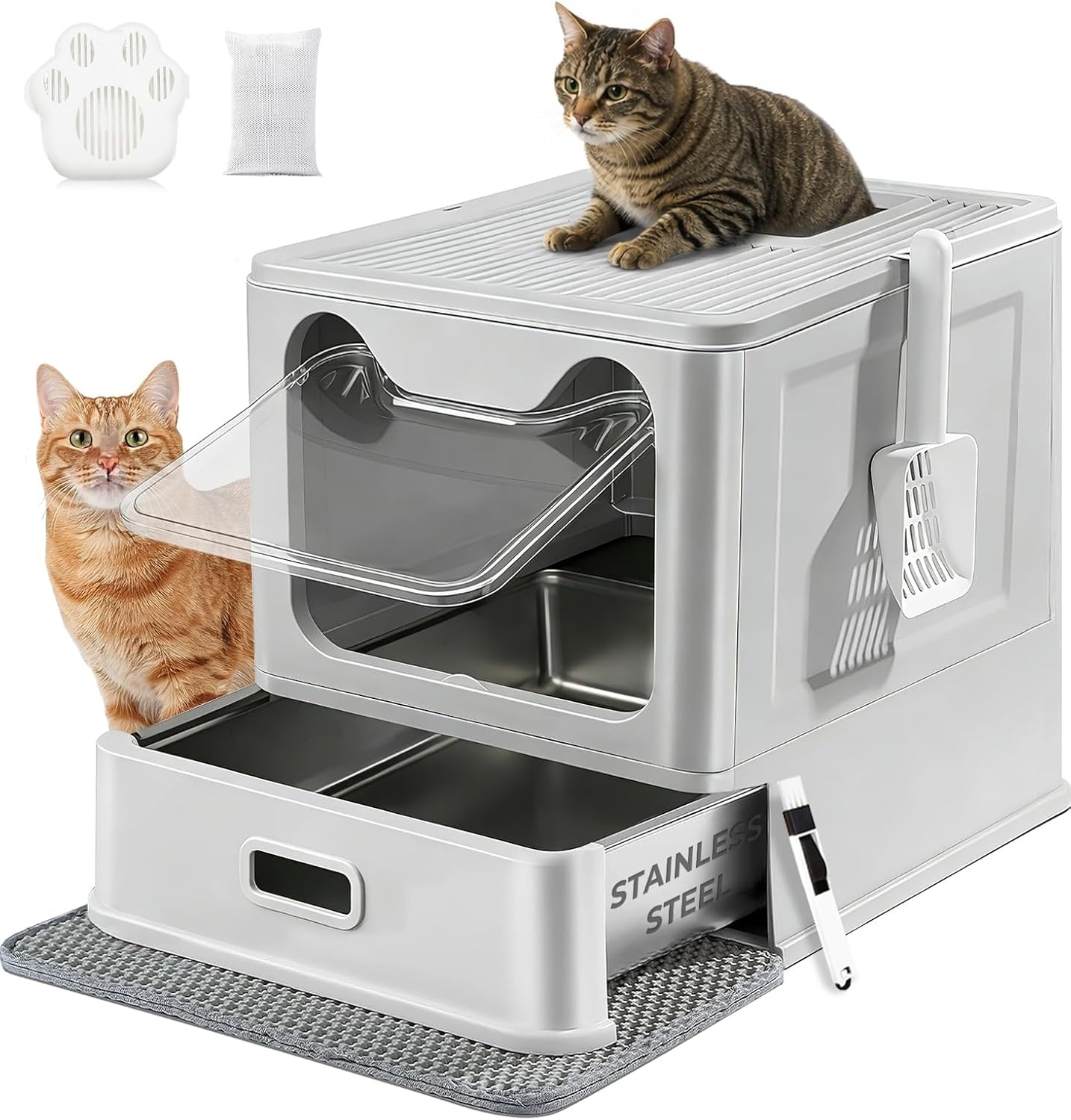 Kattentoilet, roestvrijstalen kattenbak met deksel en uittrekbaar dienblad, hop in kattenbak XXL met kattenbakmat en schep voor katten tot 15 kg, eenvoudige reiniging, lekvrij