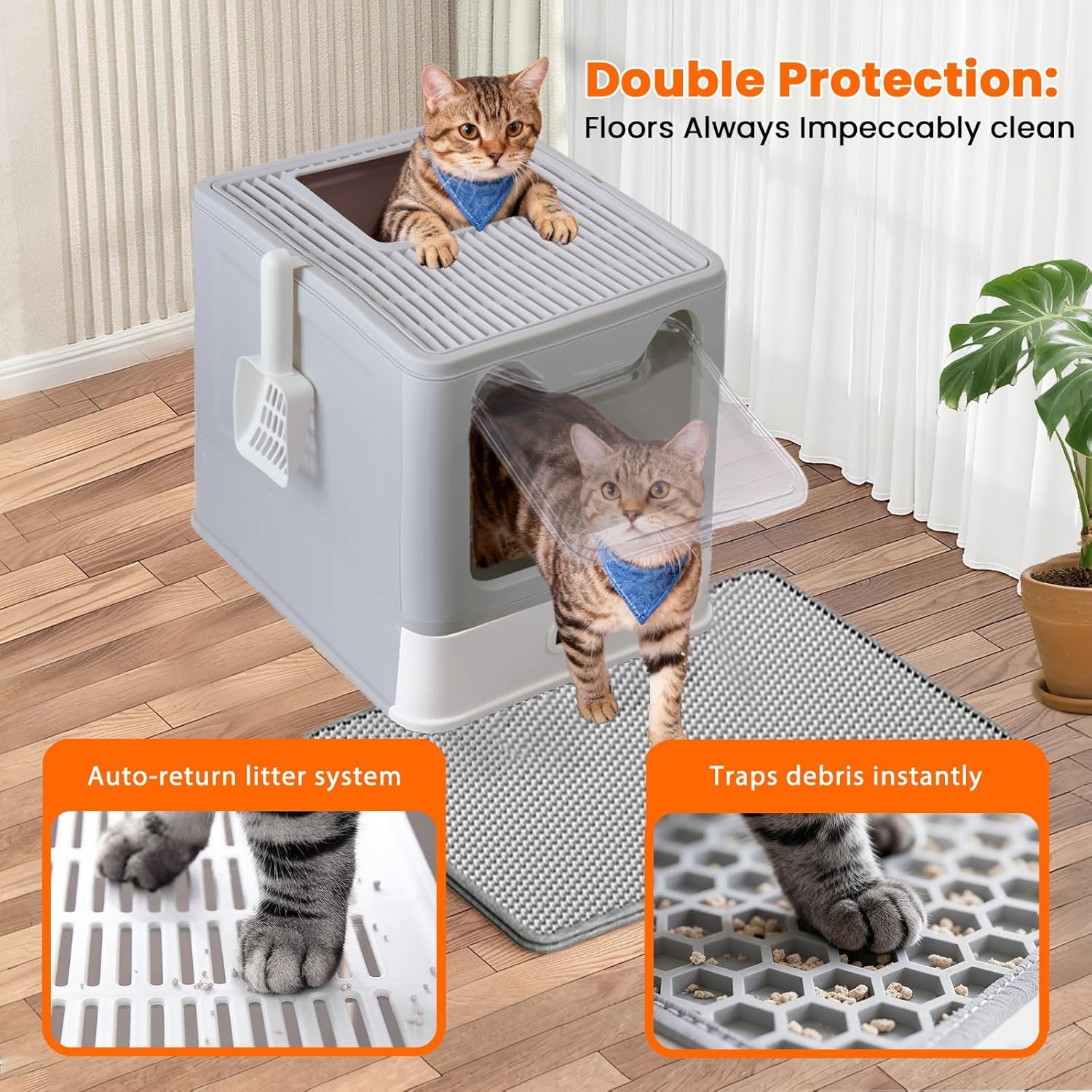 Kattentoilet, roestvrijstalen kattenbak met deksel en uittrekbaar dienblad, hop in kattenbak XXL met kattenbakmat en schep voor katten tot 15 kg, eenvoudige reiniging, lekvrij