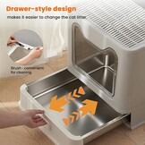 Kattentoilet, roestvrijstalen kattenbak met deksel en uittrekbaar dienblad, hop in kattenbak XXL met kattenbakmat en schep voor katten tot 15 kg, eenvoudige reiniging, lekvrij