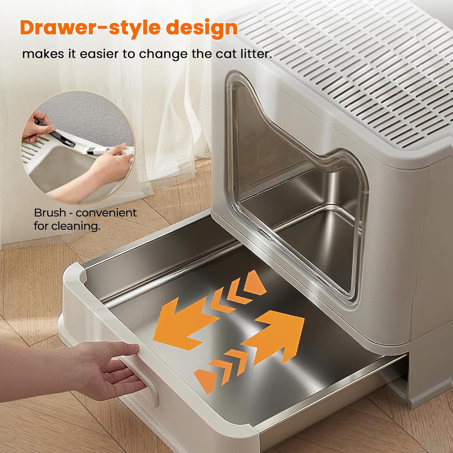 Kattentoilet, roestvrijstalen kattenbak met deksel en uittrekbaar dienblad, hop in kattenbak XXL met kattenbakmat en schep voor katten tot 15 kg, eenvoudige reiniging, lekvrij