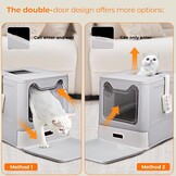 Kattentoilet, roestvrijstalen kattenbak met deksel en uittrekbaar dienblad, hop in kattenbak XXL met kattenbakmat en schep voor katten tot 15 kg, eenvoudige reiniging, lekvrij