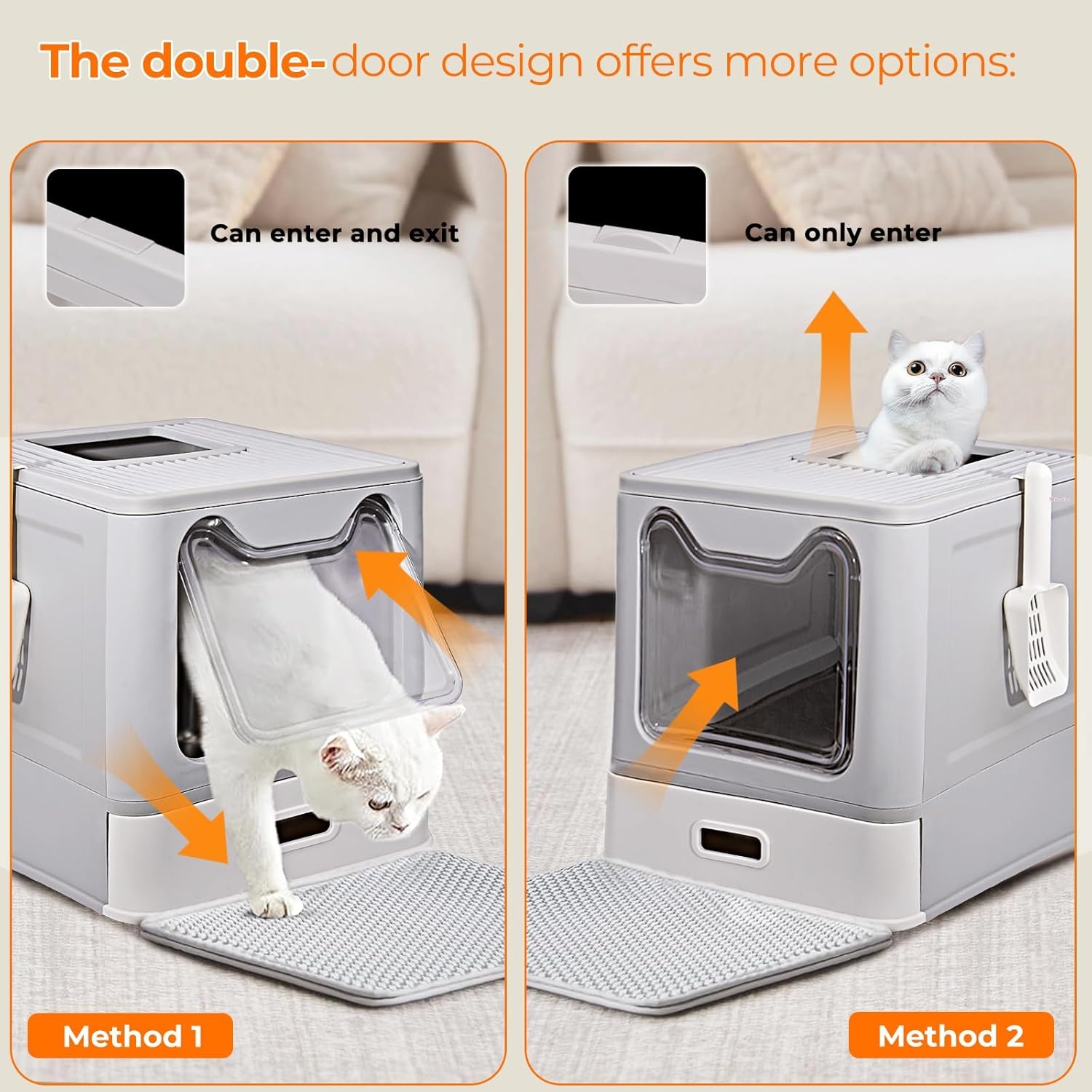 Kattentoilet, roestvrijstalen kattenbak met deksel en uittrekbaar dienblad, hop in kattenbak XXL met kattenbakmat en schep voor katten tot 15 kg, eenvoudige reiniging, lekvrij