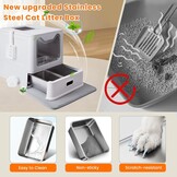Kattentoilet, roestvrijstalen kattenbak met deksel en uittrekbaar dienblad, hop in kattenbak XXL met kattenbakmat en schep voor katten tot 15 kg, eenvoudige reiniging, lekvrij