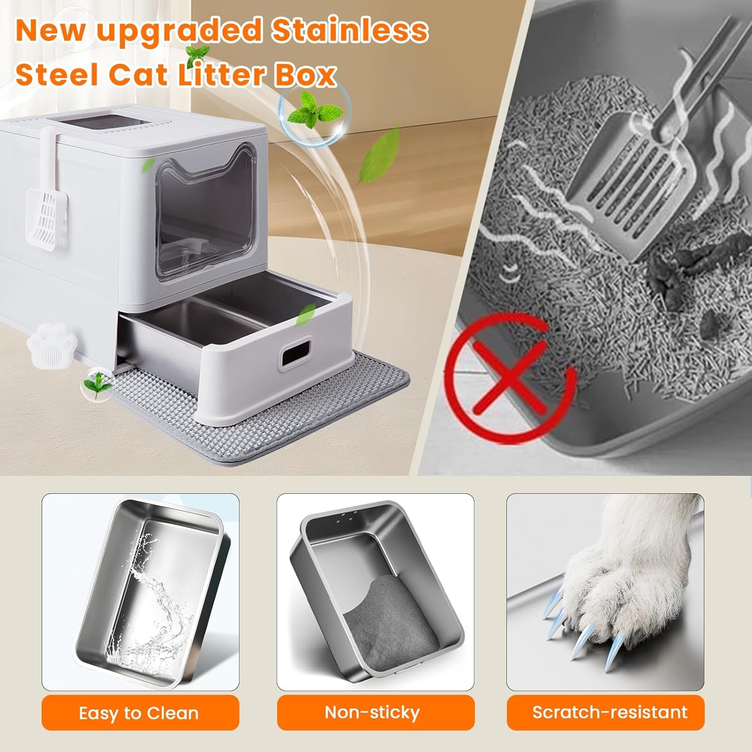 Kattentoilet, roestvrijstalen kattenbak met deksel en uittrekbaar dienblad, hop in kattenbak XXL met kattenbakmat en schep voor katten tot 15 kg, eenvoudige reiniging, lekvrij