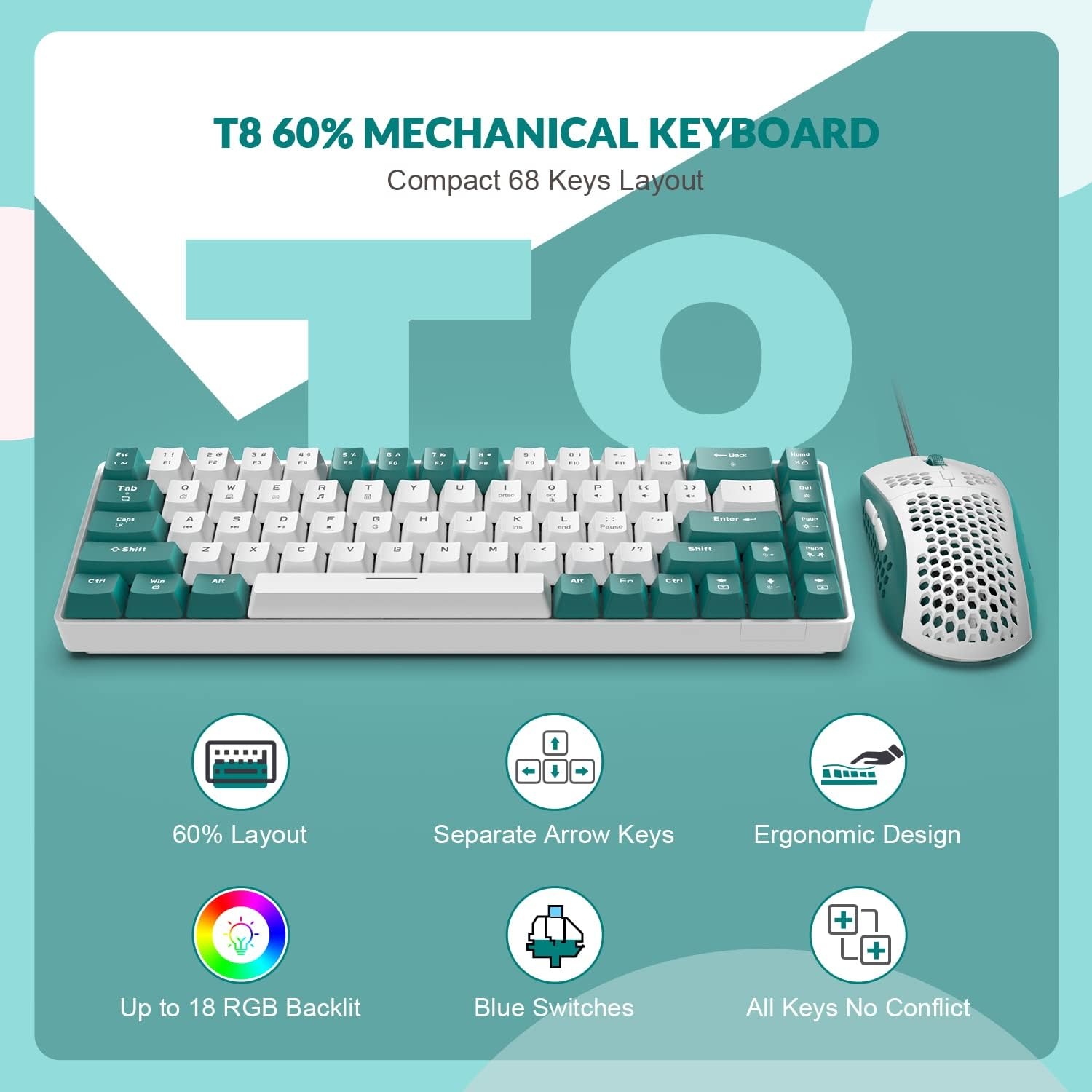 YINDIAO T8 60% RGB Gaming Keyboard and Mouse Combinations + Coiled USB C Cable,Wired Mechanical Keyboard,68 Keys,US Layout,Compact,Honeycomb Gaming Mouse,Up to 6400DPI,for PC,MAC -Vegetable