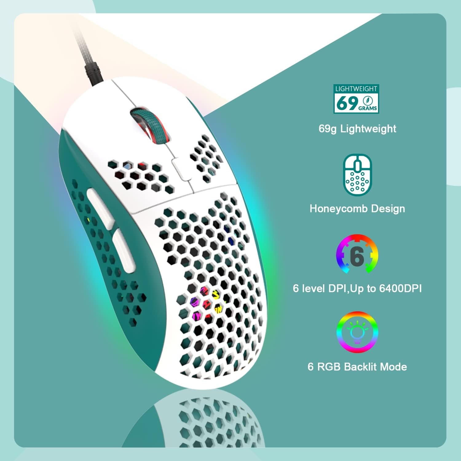 YINDIAO T8 60% RGB Gaming Keyboard and Mouse Combinations + Coiled USB C Cable,Wired Mechanical Keyboard,68 Keys,US Layout,Compact,Honeycomb Gaming Mouse,Up to 6400DPI,for PC,MAC -Vegetable