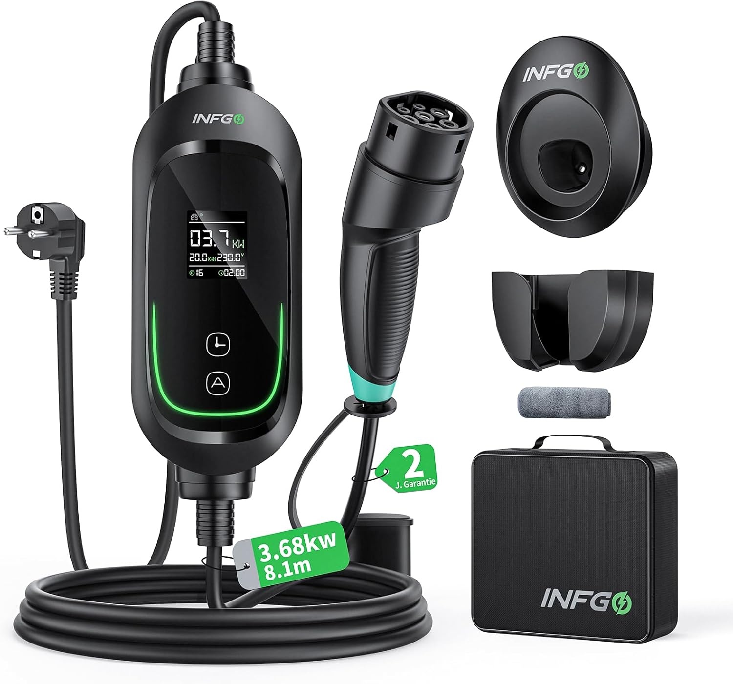 Mobile Wallbox 3,68kW [1-phasig, 8,1m, 6-16A], EV Charger mit Einstellbarer Ladeleistung, Timer-Funktion, Typ 2 Ladekabel Schuko für Model Y/3, ID.3, i4, EQB, e-tron und weitere PHEV/EV, Schwarz