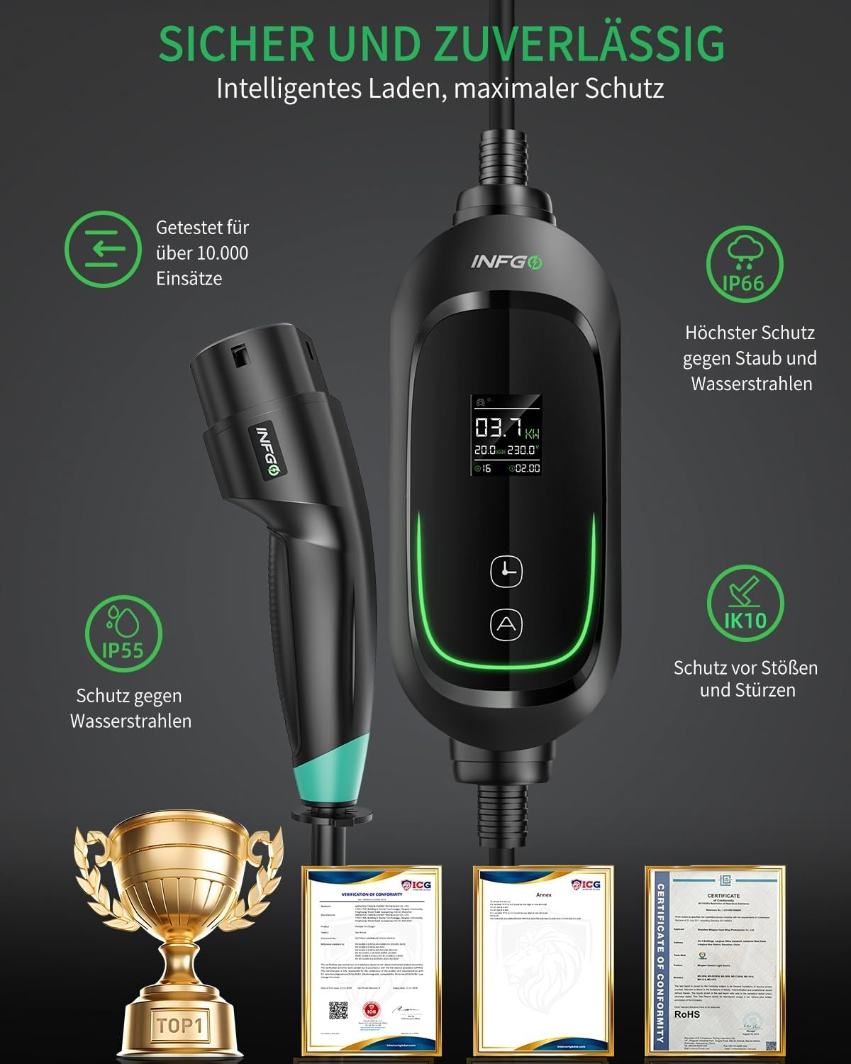 Mobile Wallbox 3,68kW [1-phasig, 8,1m, 6-16A], EV Charger mit Einstellbarer Ladeleistung, Timer-Funktion, Typ 2 Ladekabel Schuko für Model Y/3, ID.3, i4, EQB, e-tron und weitere PHEV/EV, Schwarz