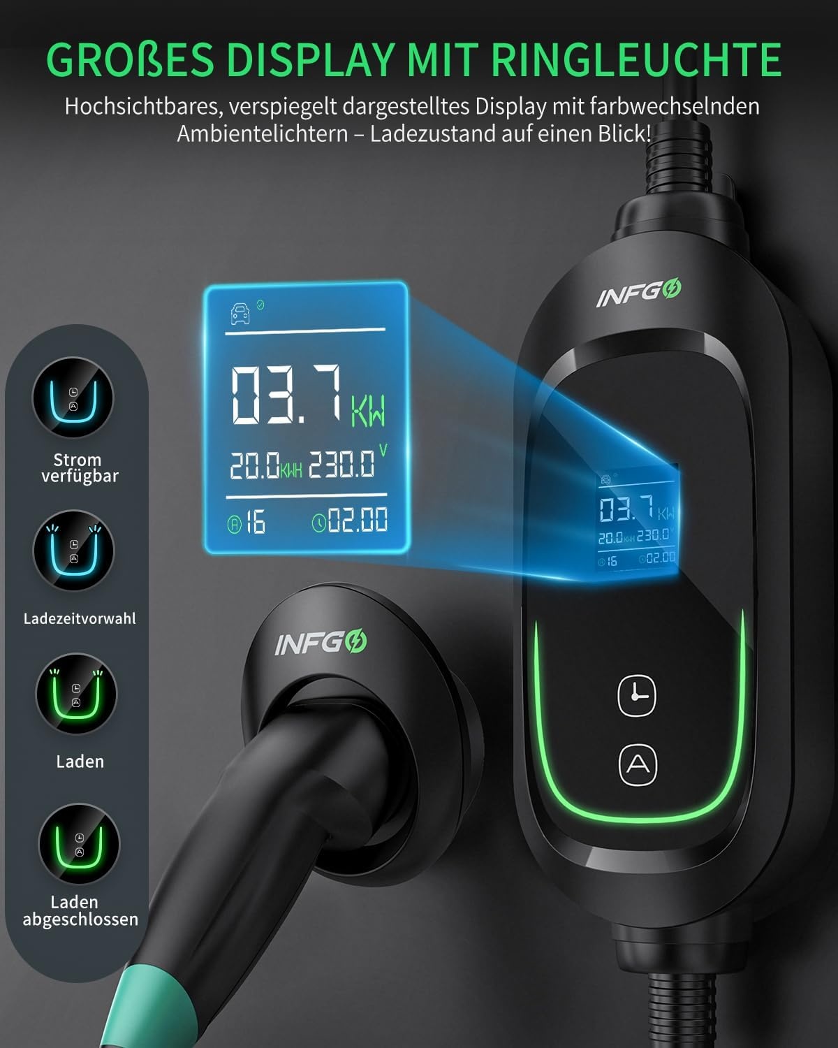 Mobile Wallbox 3,68kW [1-phasig, 8,1m, 6-16A], EV Charger mit Einstellbarer Ladeleistung, Timer-Funktion, Typ 2 Ladekabel Schuko für Model Y/3, ID.3, i4, EQB, e-tron und weitere PHEV/EV, Schwarz