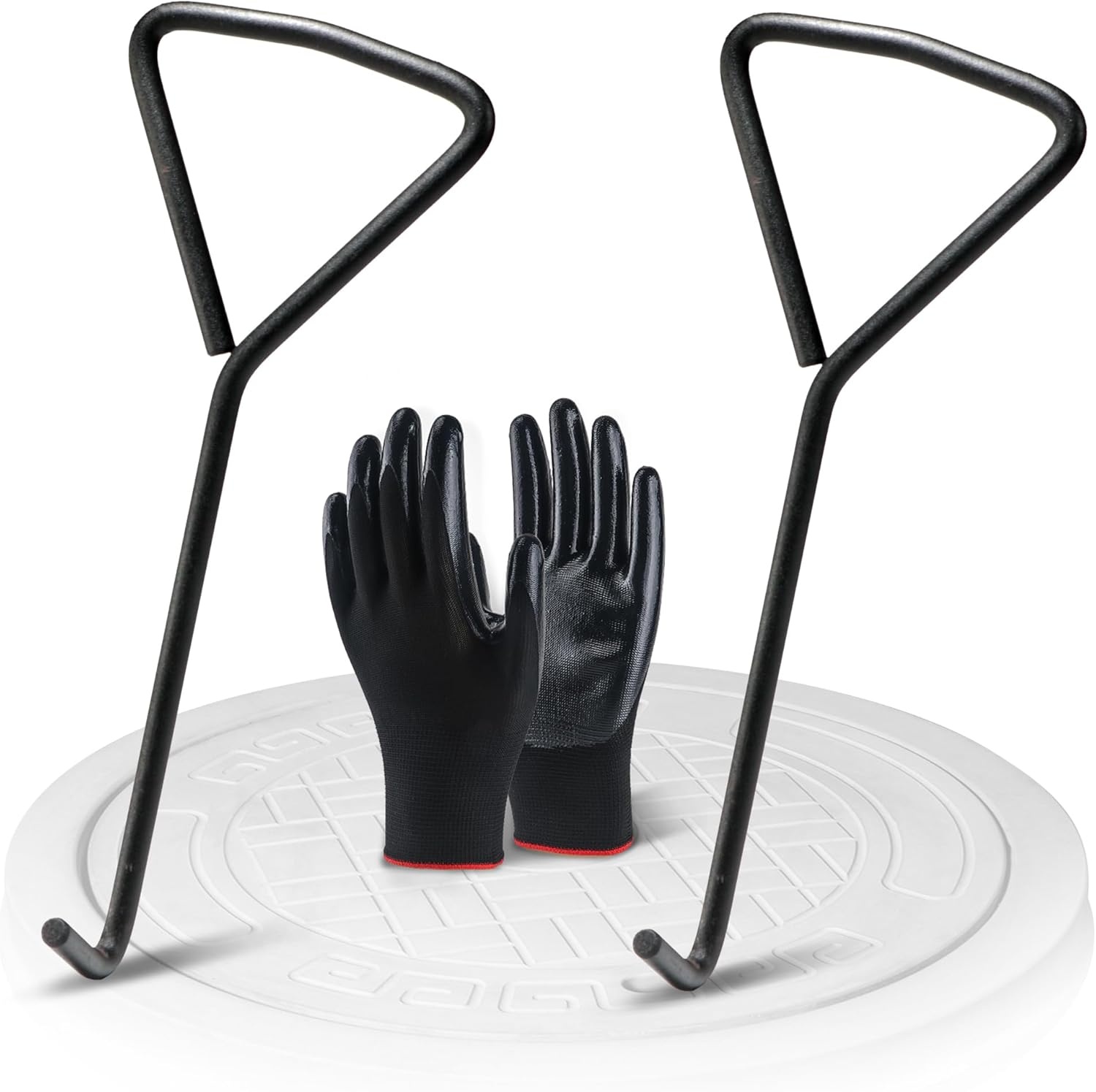 Pack of 2 30 cm Manhole Lid Lifter, Manhole Hook with Gloves, Black Carbon Steel Gulli Lid Hooks and Manhole Lid Lifter, Channel Cover Hook with Triangular Handle