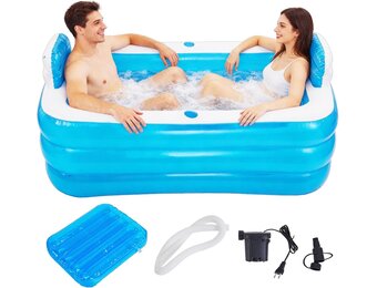 Inflatable Pool, Bathtub, Foldable Inflatable for Adults, Hot Tub, Outdoor, Children's Paddling Pool for Balcony, Garden, Pool, Rectangular with Large Backrest Seat and Drink Holder