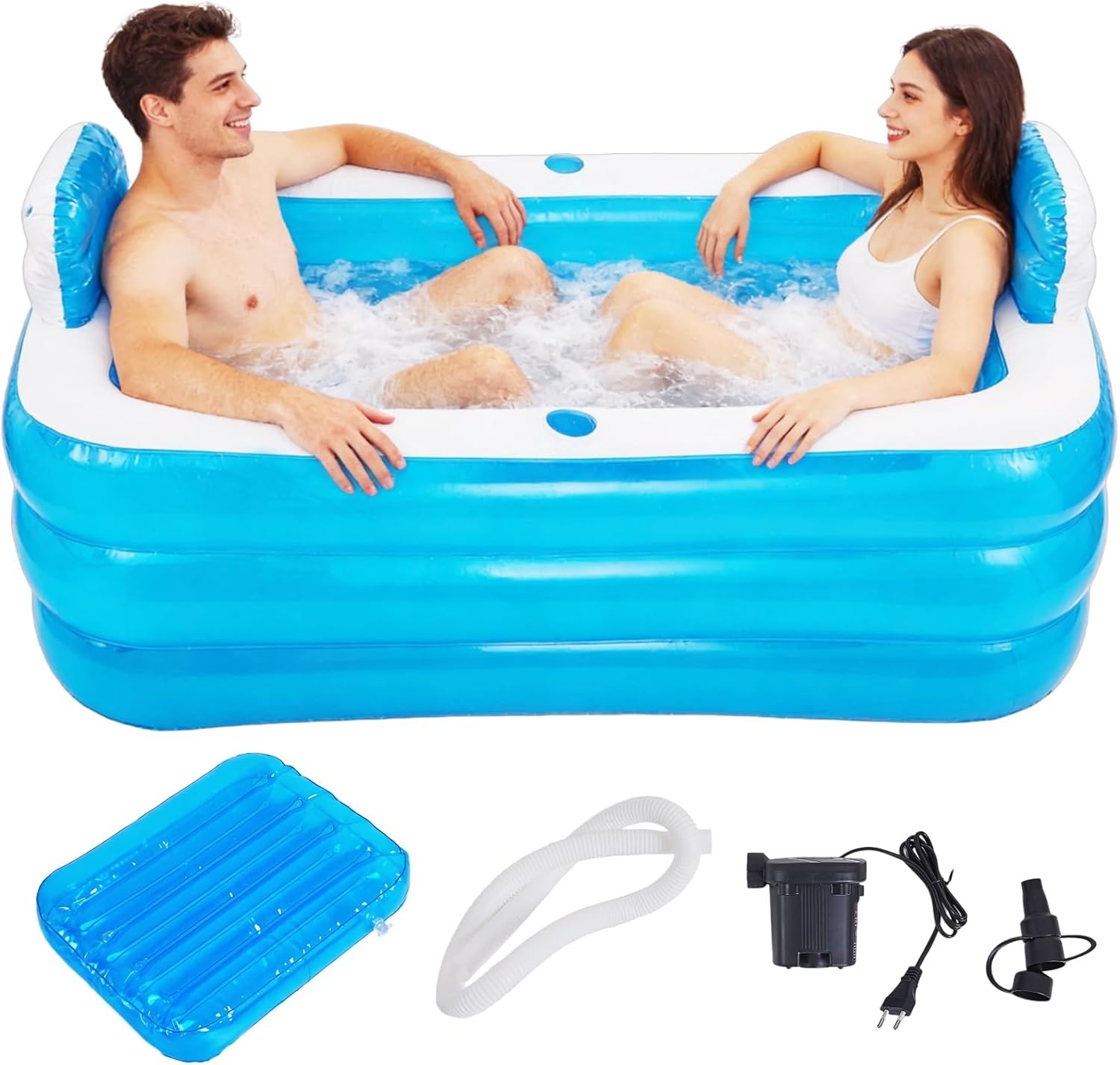 Inflatable Pool, Bathtub, Foldable Inflatable for Adults, Hot Tub, Outdoor, Children's Paddling Pool for Balcony, Garden, Pool, Rectangular with Large Backrest Seat and Drink Holder